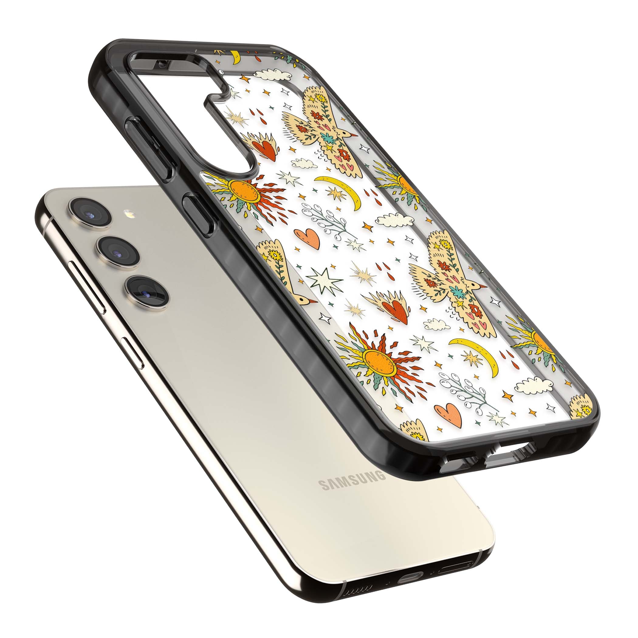 Elevate Your Phone'S Style With This Boho Celestial Sun & Eye Phone Case, Featuring A Mystical Blend Of Suns, All-Seeing Eyes, Butterflies, Stars, And