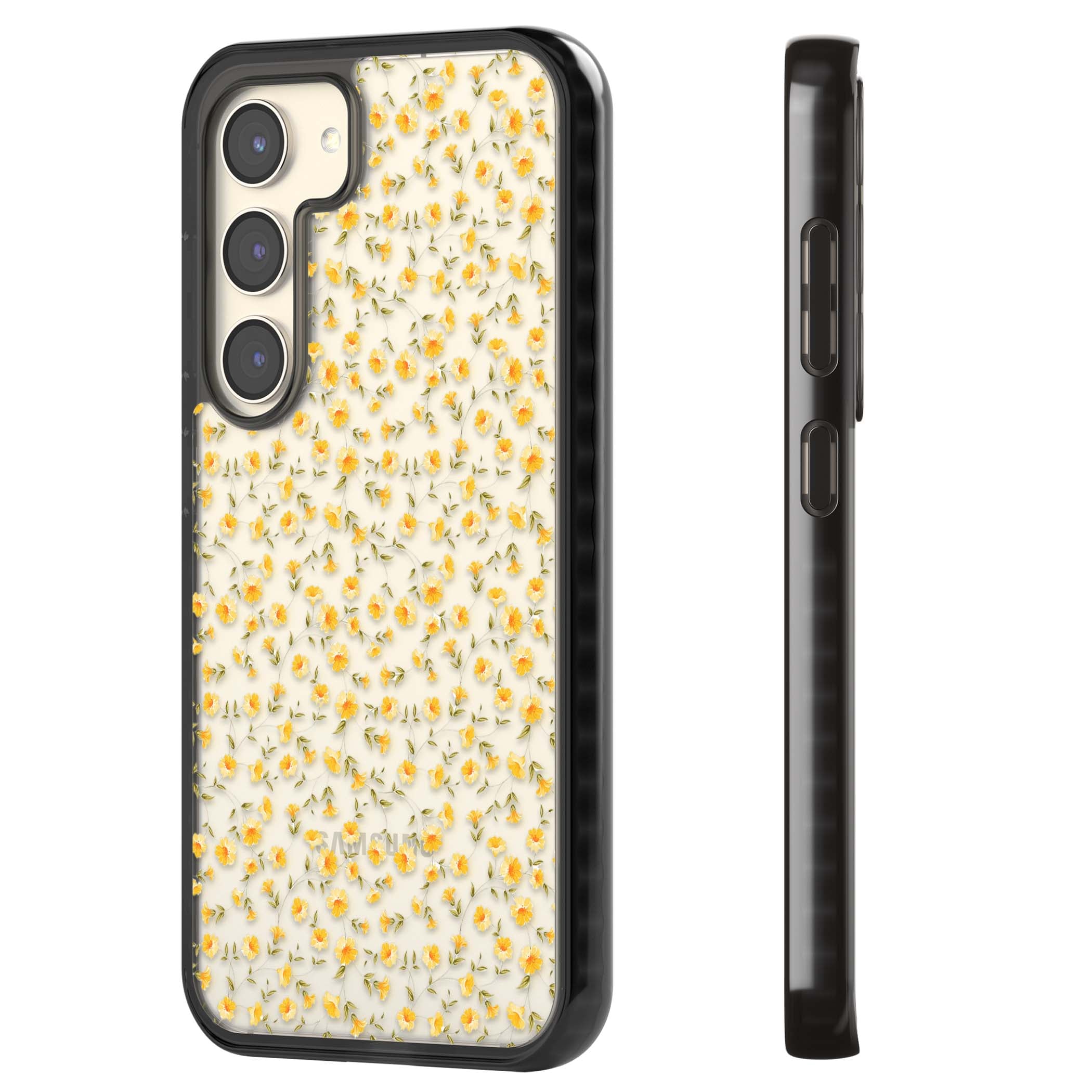 Buttercup wildflower iPhone case featuring tiny yellow flowers and trailing green vines on clear | Black Impact case for Samsung Galaxy S24, Samsung Galaxy S23, Samsung Galaxy S22