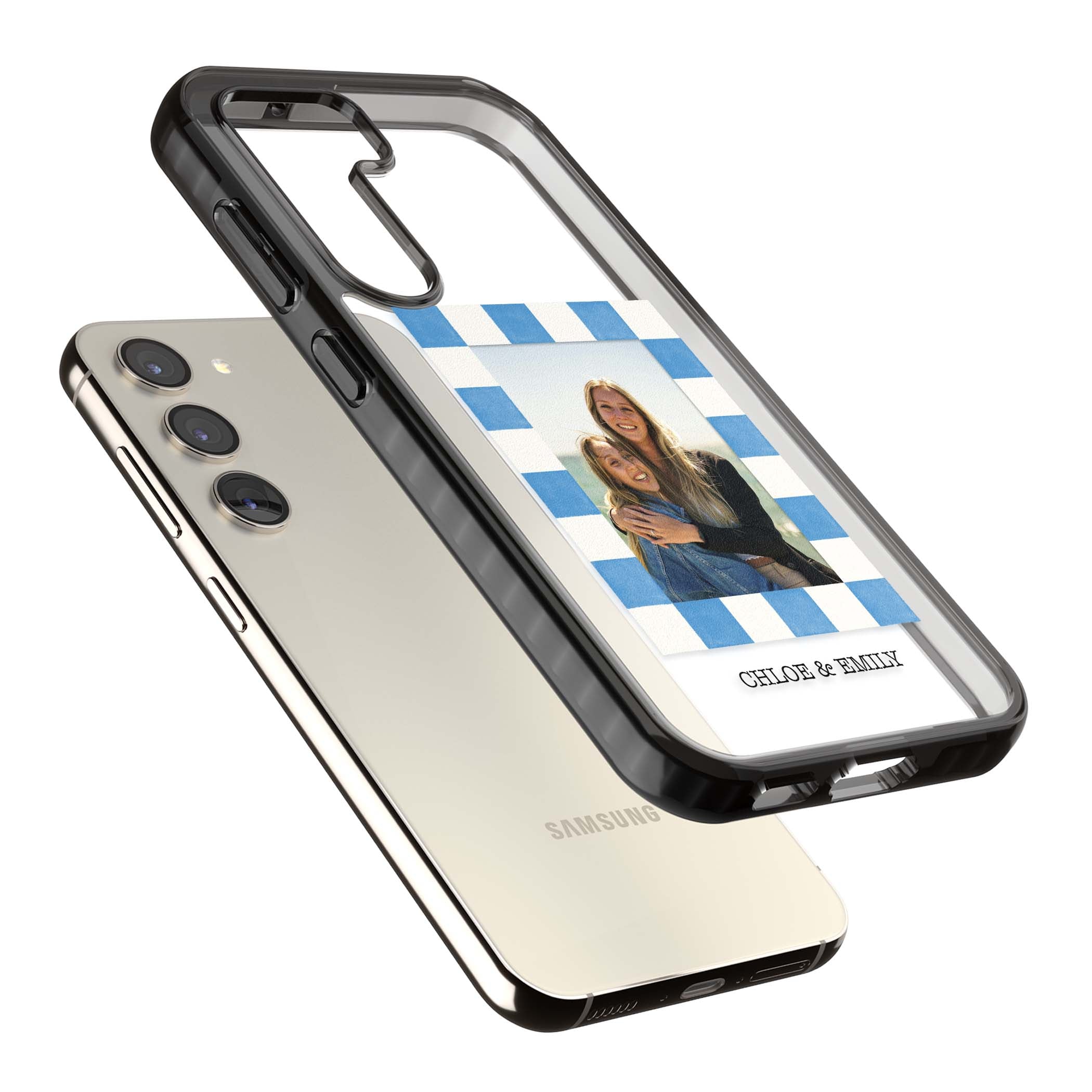 Blue Check Photo personalised photo iPhone case with blue checkered frame and custom couple names | Black Impact case for Samsung Galaxy S24, Samsung Galaxy S23, Samsung Galaxy S22