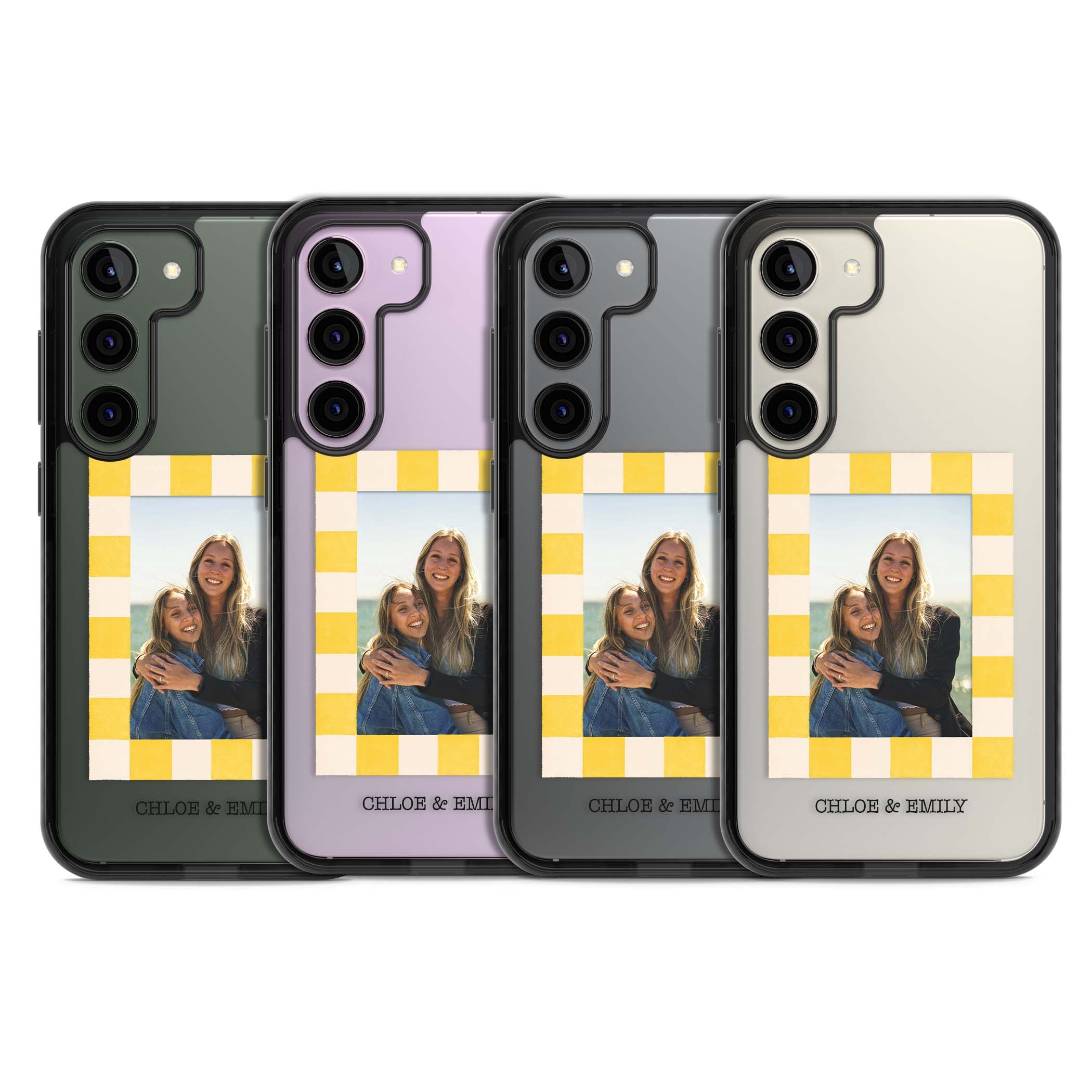 Yellow Check Photo personalised iPhone case with yellow checkered Polaroid frame and custom names beneath | Black Impact case for Samsung Galaxy S24, Samsung Galaxy S23, Samsung Galaxy S22