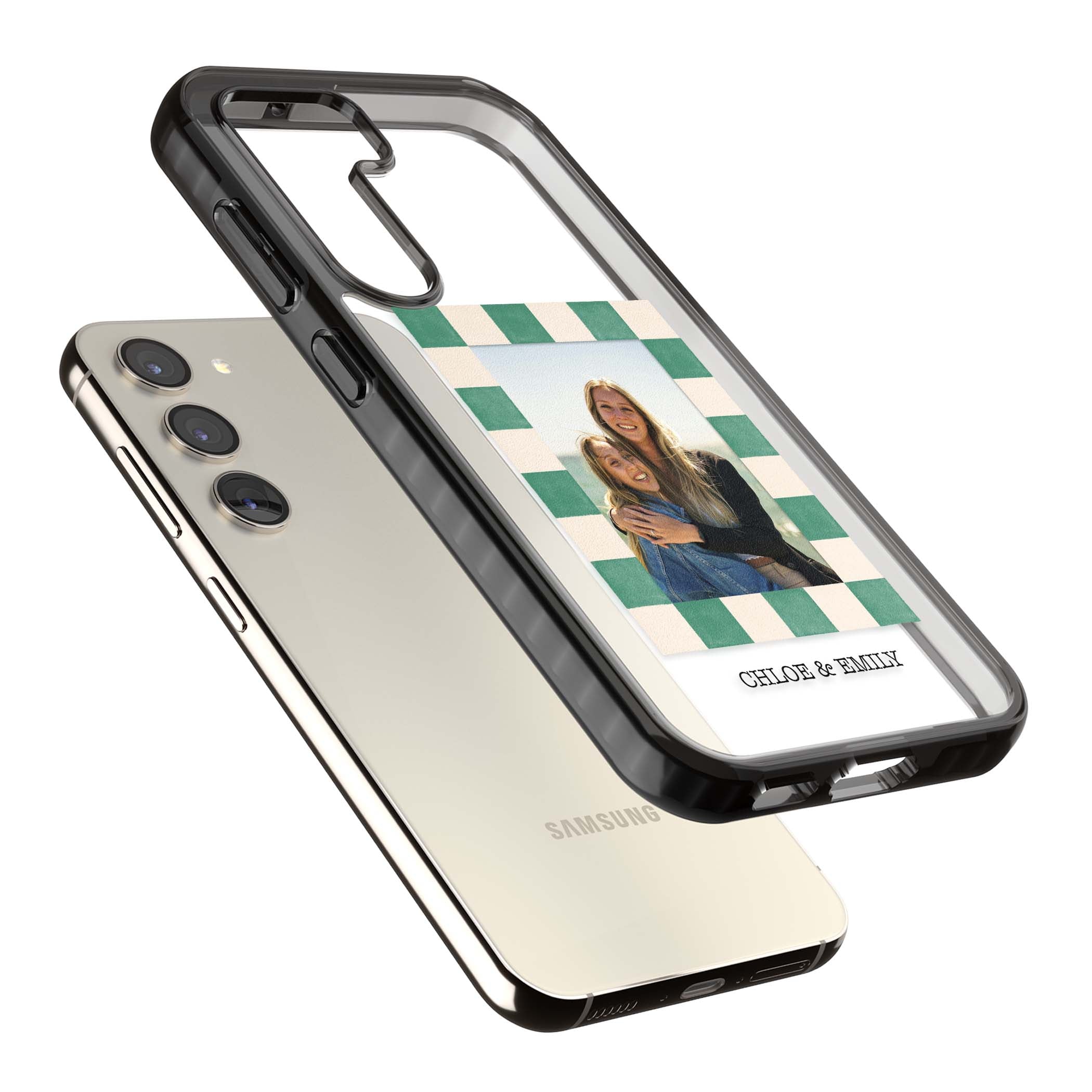 Seafoam Check Photo personalised iPhone case featuring a custom polaroid photo, green and cream checkered frame, and custom n | Black Impact case for Samsung Galaxy S24, Samsung Galaxy S23, Samsung Galaxy S22