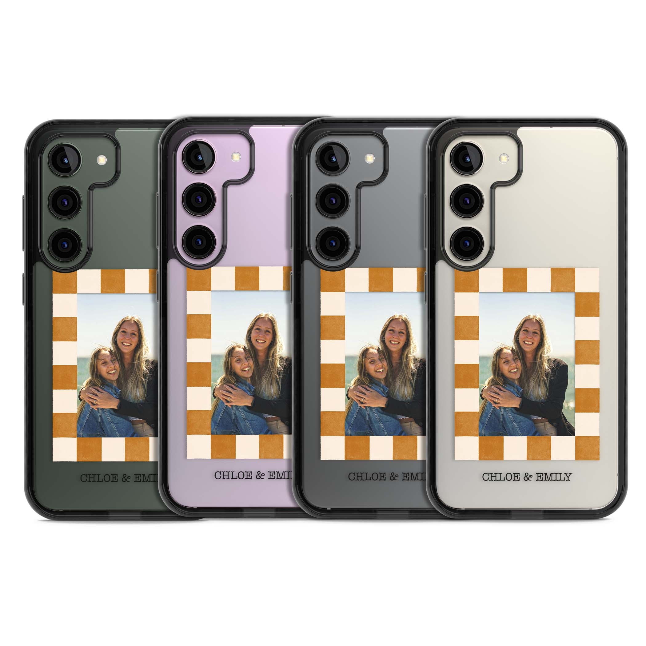 Citrus Check Photo personalised iPhone case with custom photo, orange checkered frame and names underneath | Black Impact case for Samsung Galaxy S24, Samsung Galaxy S23, Samsung Galaxy S22