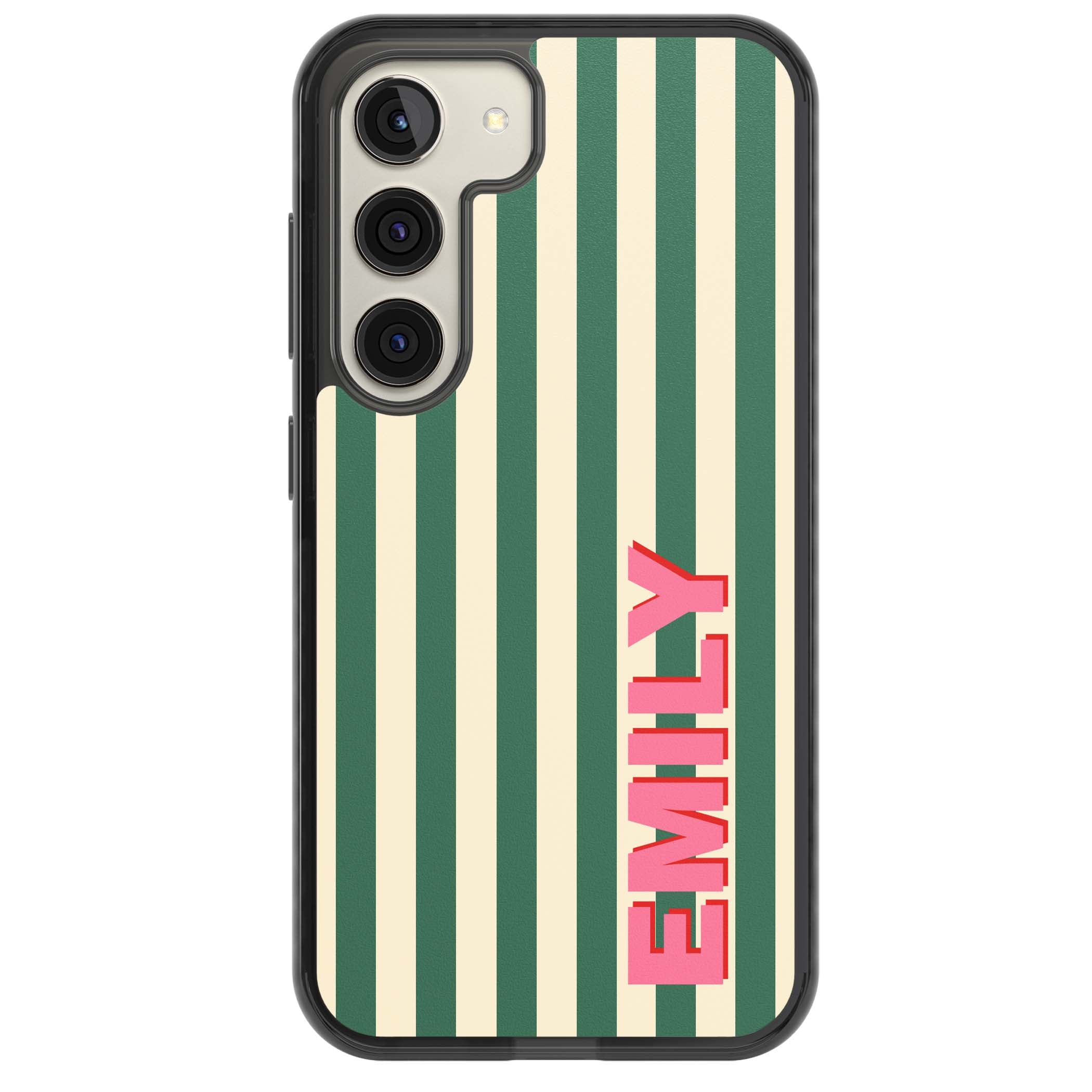 Wimbledon Stripe preppy iPhone case featuring green and cream vertical stripes with a personalised pink name | Black Impact case for Samsung Galaxy S24, Samsung Galaxy S23, Samsung Galaxy S22