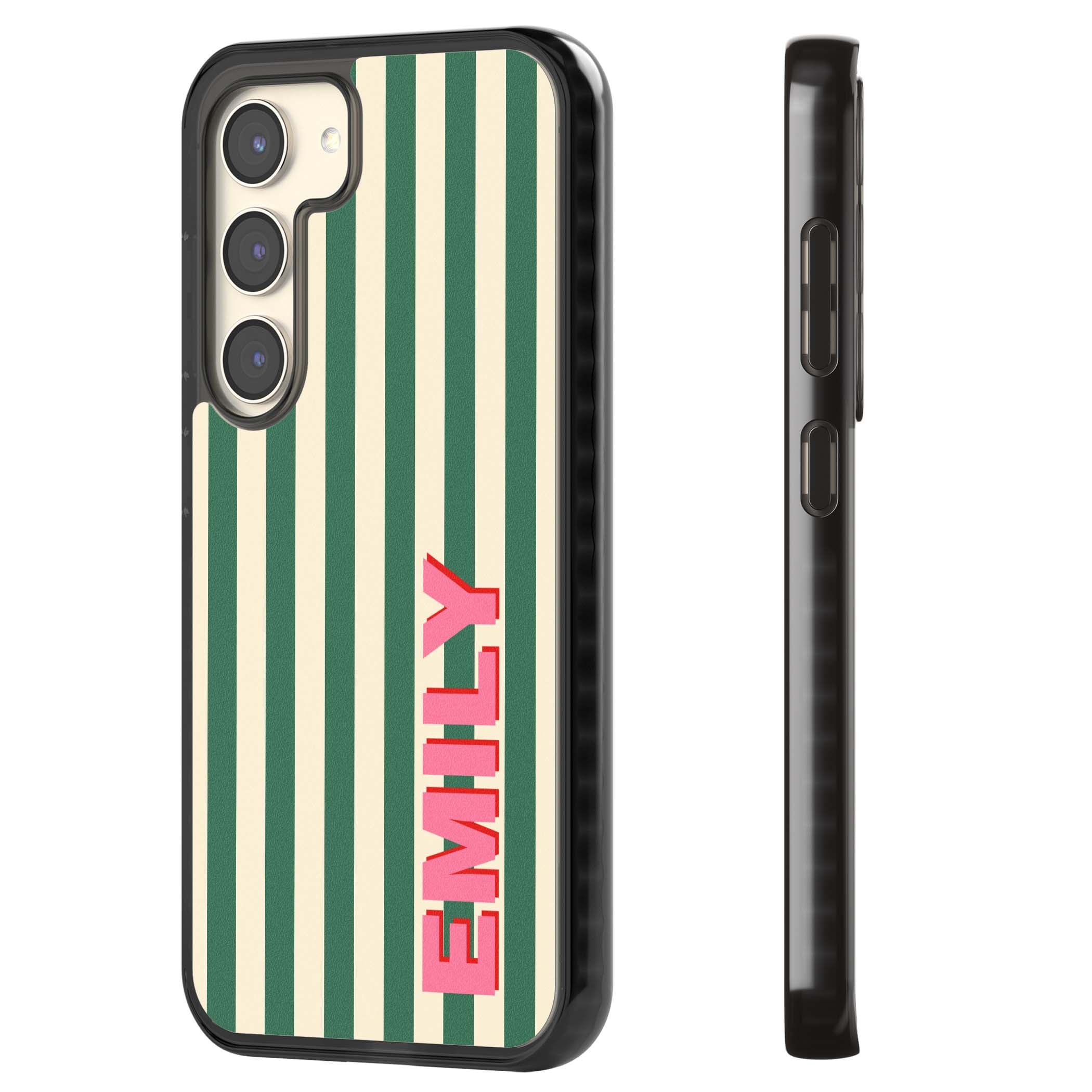 Wimbledon Stripe preppy iPhone case featuring green and cream vertical stripes with a personalised pink name | Black Impact case for Samsung Galaxy S24, Samsung Galaxy S23, Samsung Galaxy S22