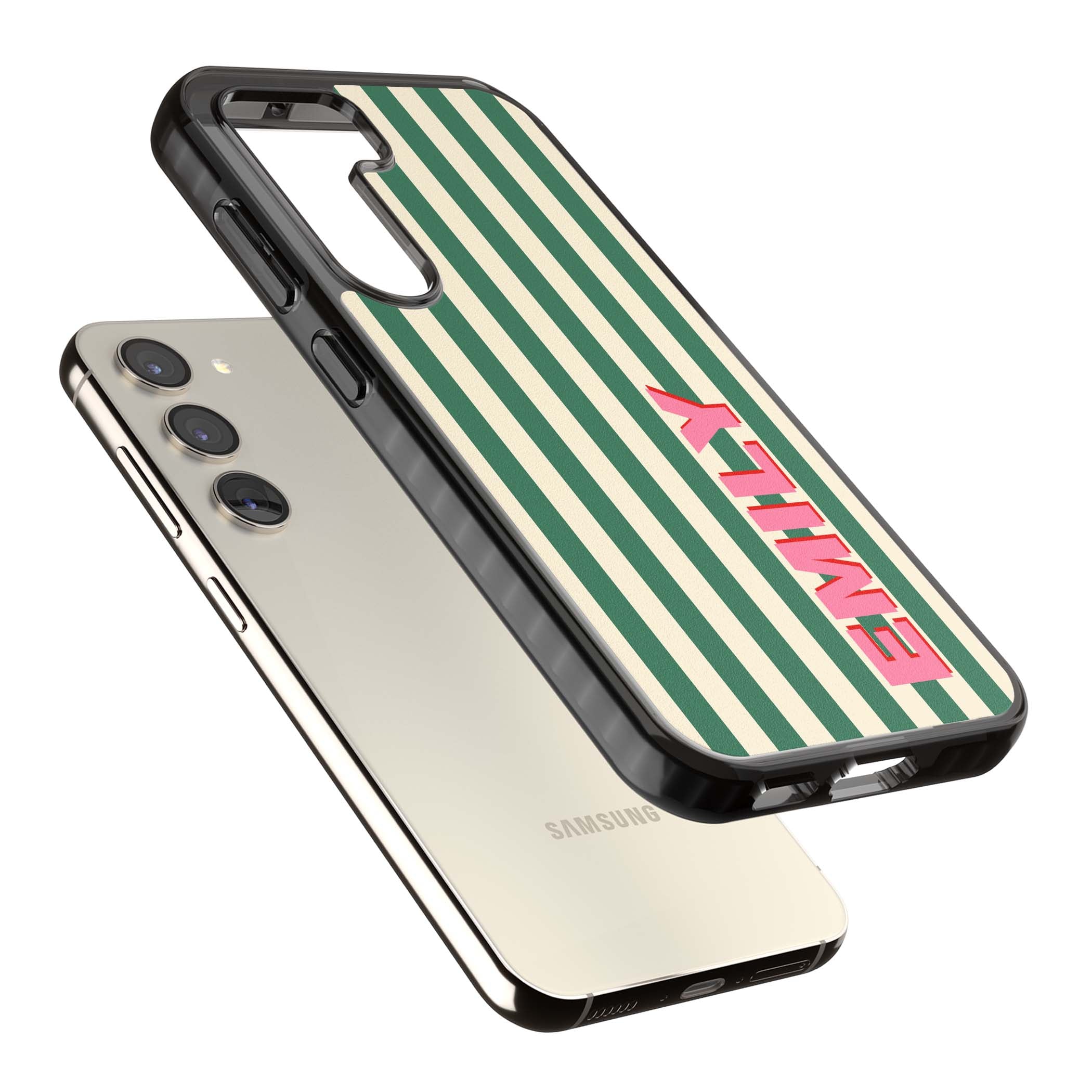Wimbledon Stripe preppy iPhone case featuring green and cream vertical stripes with a personalised pink name | Black Impact case for Samsung Galaxy S24, Samsung Galaxy S23, Samsung Galaxy S22