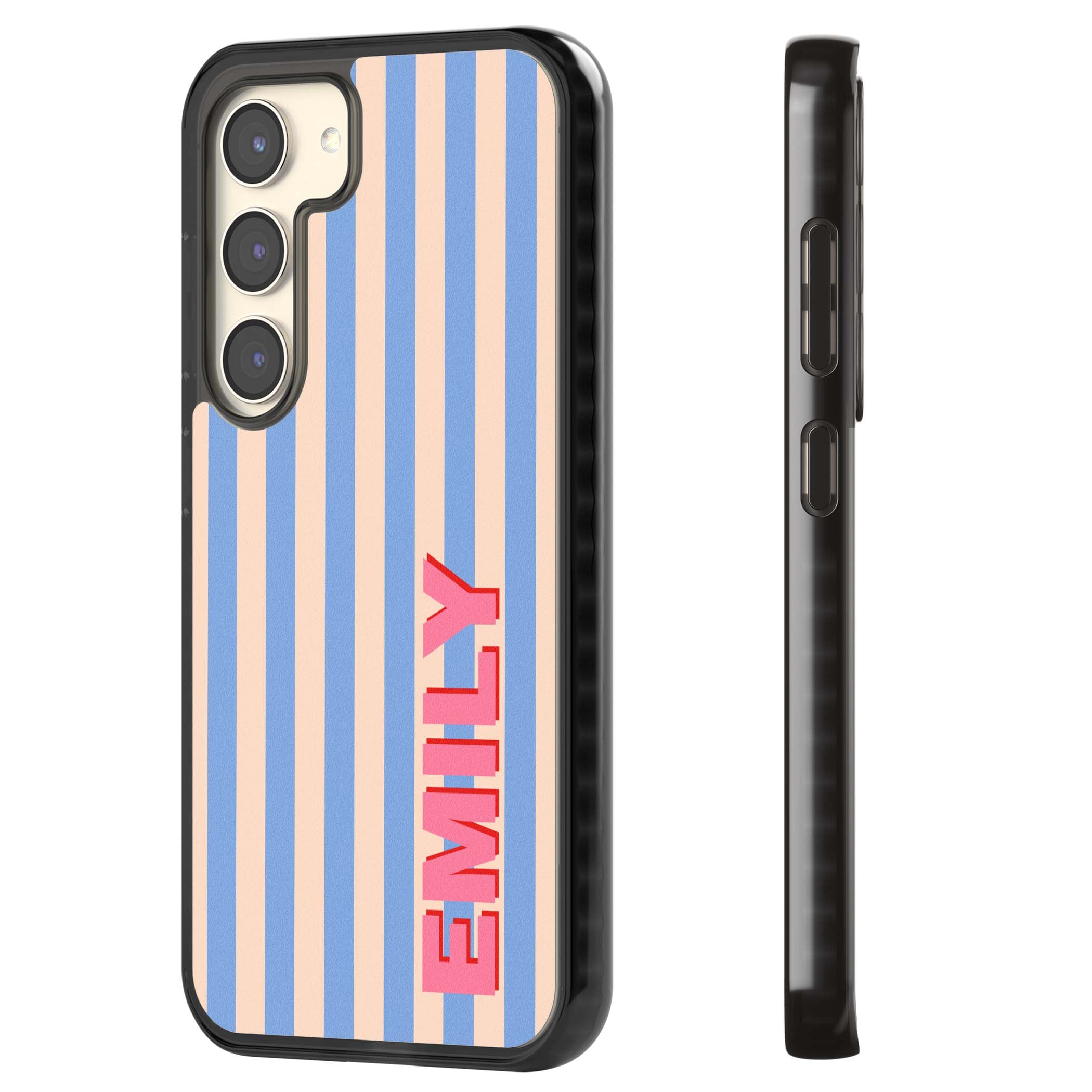 Coastal Stripe personalised coastal iPhone case with blue and peach vertical stripes and custom pink name | Black Impact case for Samsung Galaxy S24, Samsung Galaxy S23, Samsung Galaxy S22