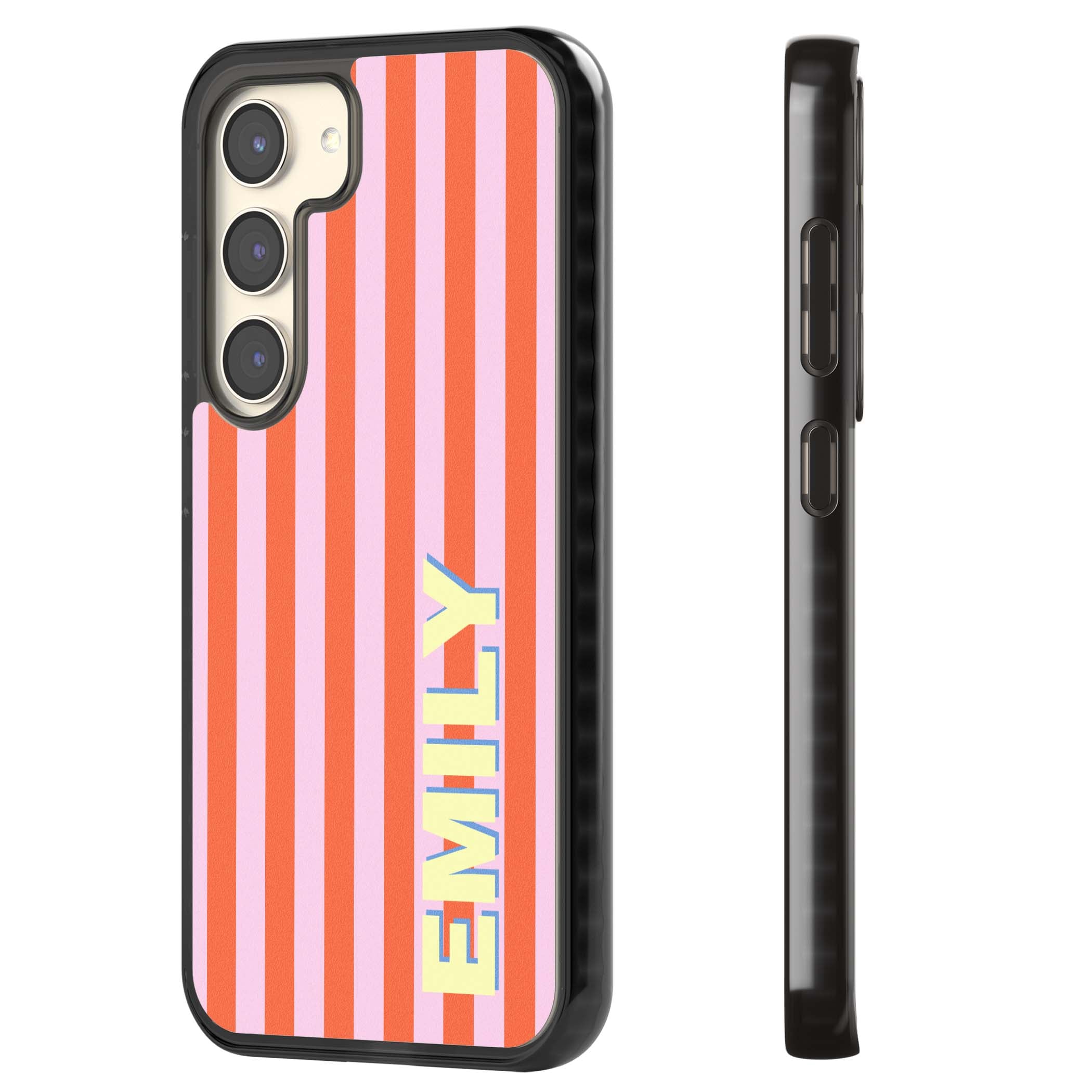 Havana Stripe personalised iPhone case featuring pink and orange vertical stripes with a custom yellow name | Black Impact case for Samsung Galaxy S24, Samsung Galaxy S23, Samsung Galaxy S22