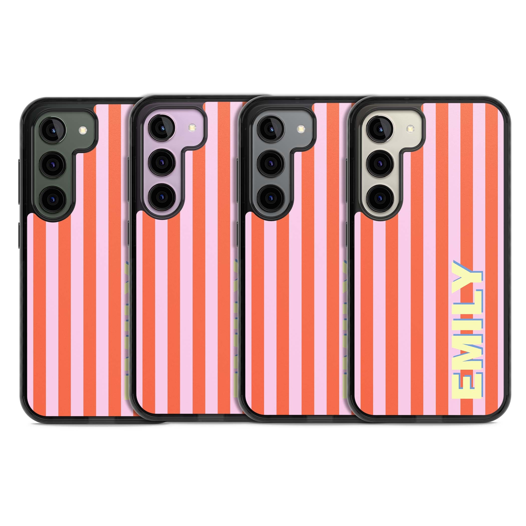 Havana Stripe personalised iPhone case featuring pink and orange vertical stripes with a custom yellow name | Black Impact case for Samsung Galaxy S24, Samsung Galaxy S23, Samsung Galaxy S22