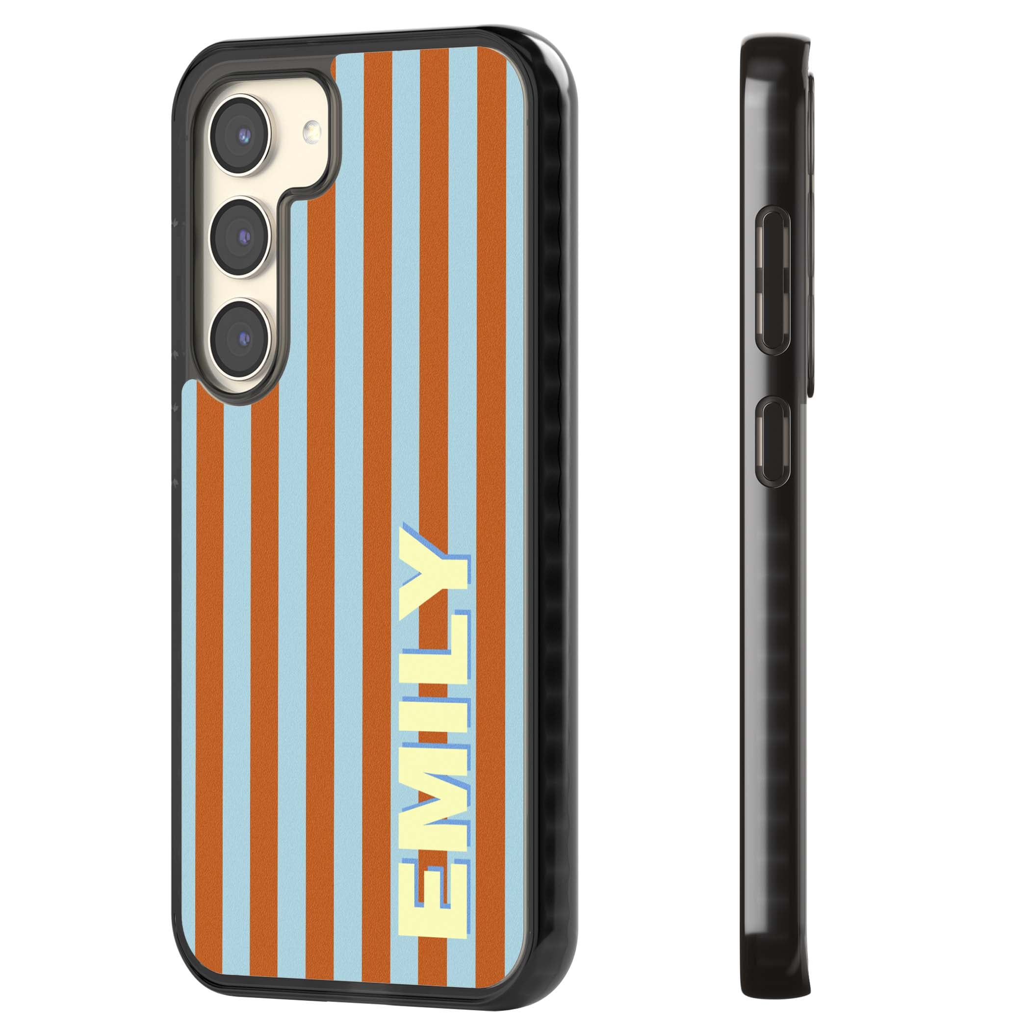 Cappadocia Stripe personalised coastal iPhone case featuring blue and orange vertical stripes with custom cream name | Black Impact case for Samsung Galaxy S24, Samsung Galaxy S23, Samsung Galaxy S22