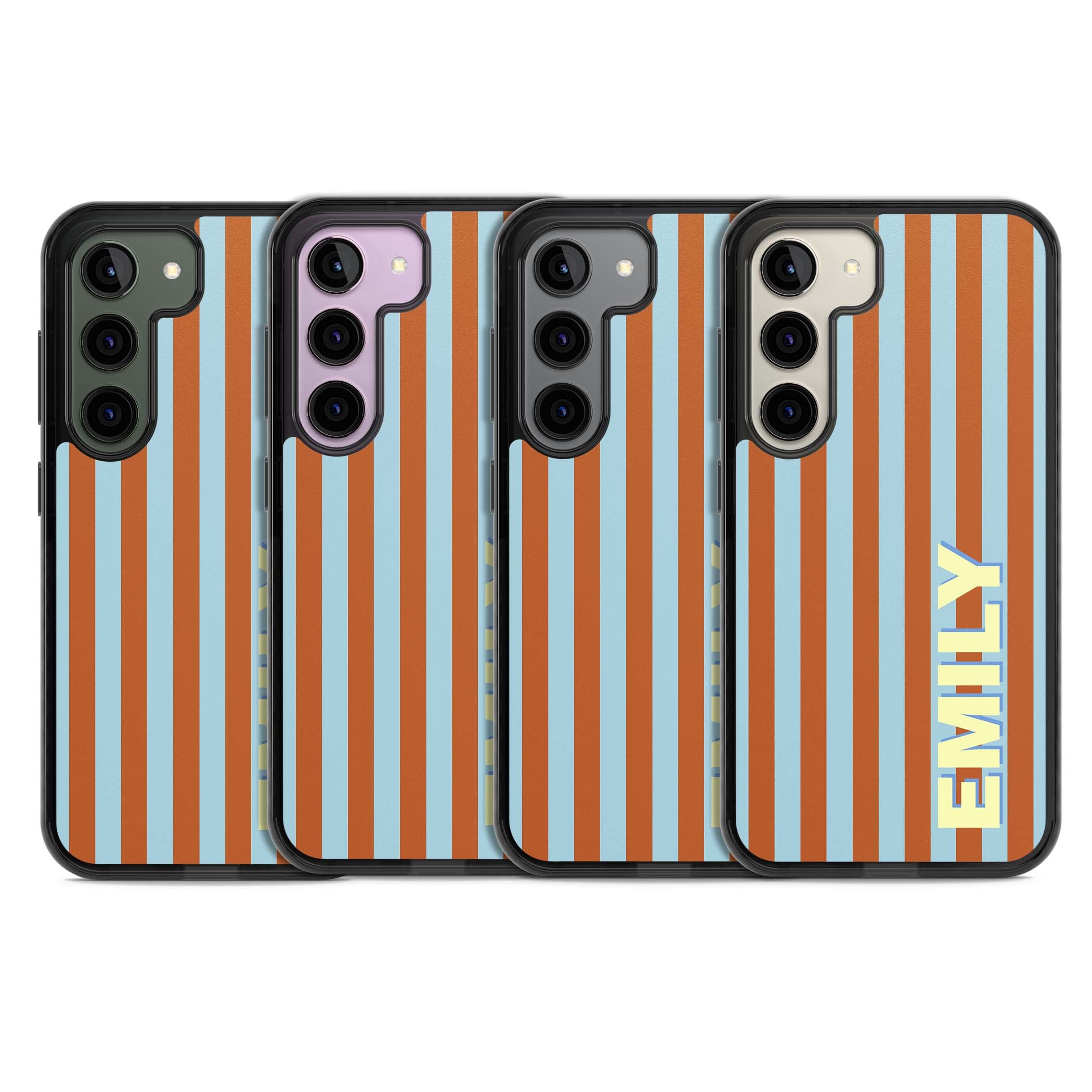 Cappadocia Stripe personalised coastal iPhone case featuring blue and orange vertical stripes with custom cream name | Black Impact case for Samsung Galaxy S24, Samsung Galaxy S23, Samsung Galaxy S22