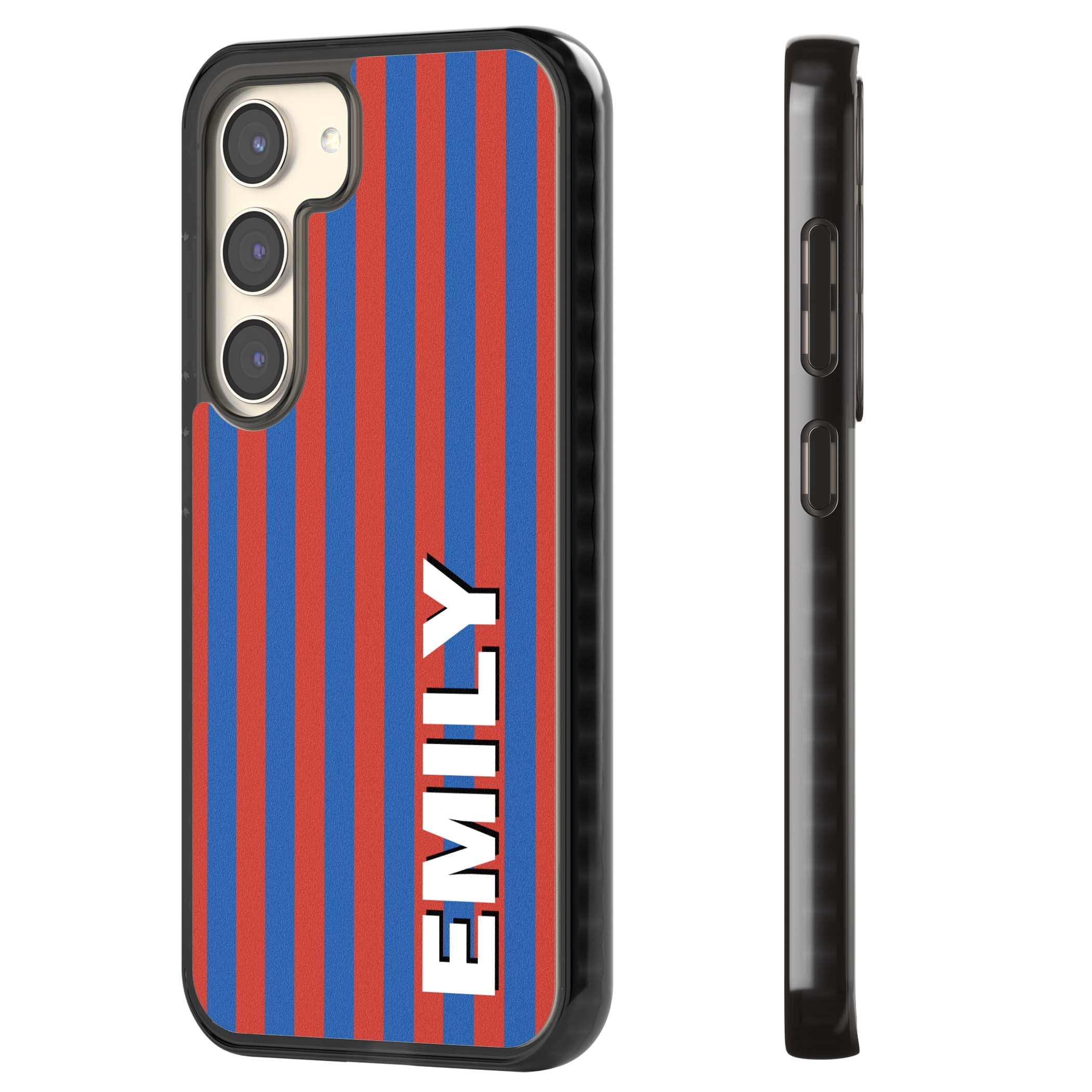 Cuban Stripe personalised iPhone case featuring red and blue vertical stripes with custom name in bold white letters | Black Impact case for Samsung Galaxy S24, Samsung Galaxy S23, Samsung Galaxy S22