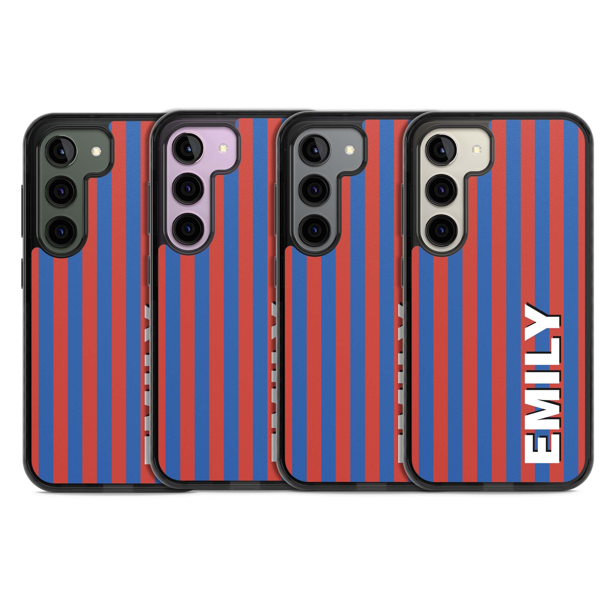 Cuban Stripe personalised iPhone case featuring red and blue vertical stripes with custom name in bold white letters | Black Impact case for Samsung Galaxy S24, Samsung Galaxy S23, Samsung Galaxy S22