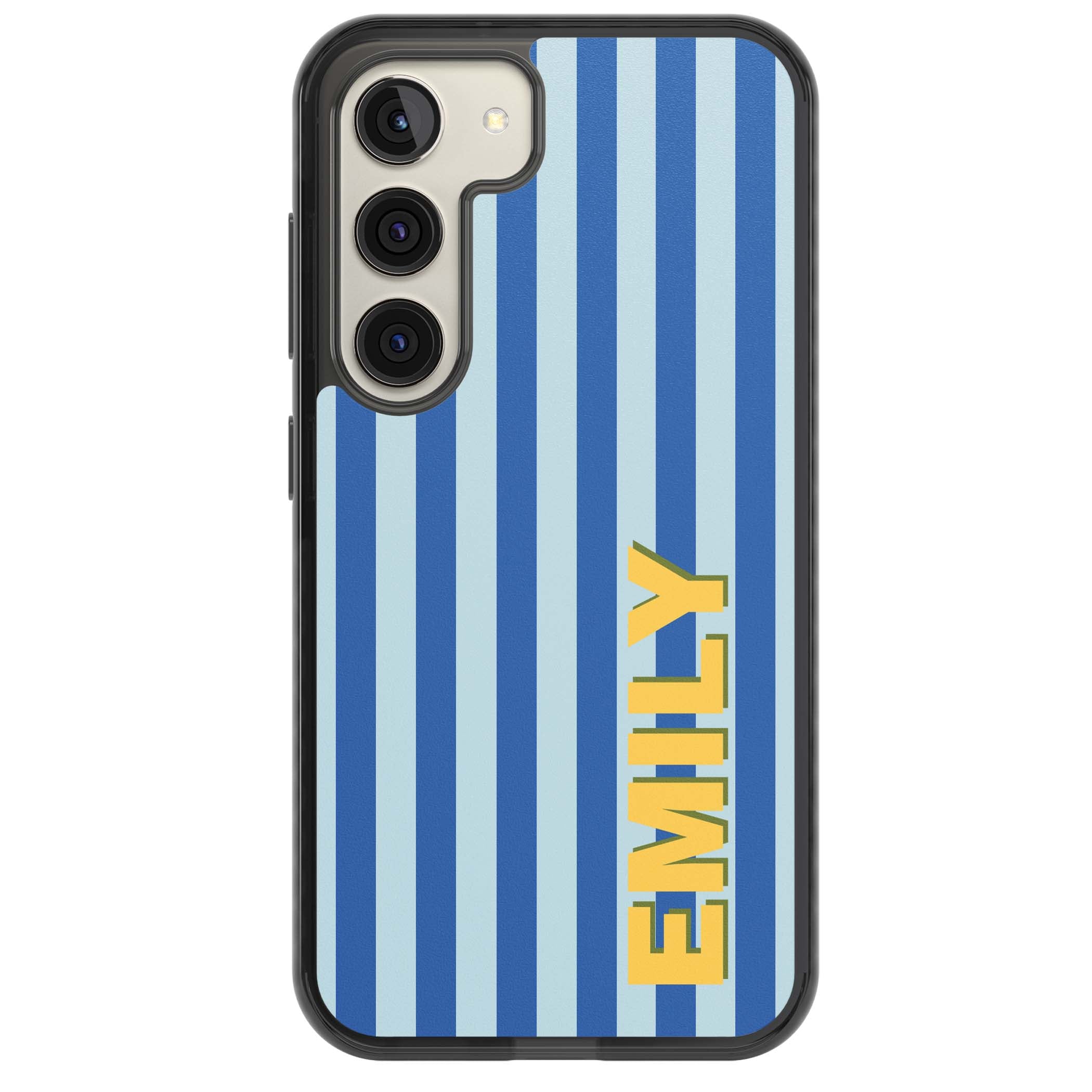 Athenian Stripe personalised preppy iPhone case featuring blue vertical stripes and a custom yellow name | Black Impact case for Samsung Galaxy S24, Samsung Galaxy S23, Samsung Galaxy S22