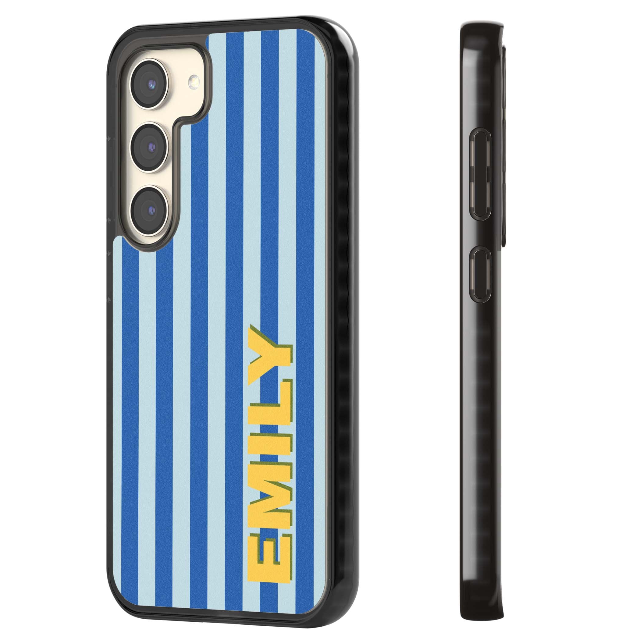Athenian Stripe personalised preppy iPhone case featuring blue vertical stripes and a custom yellow name | Black Impact case for Samsung Galaxy S24, Samsung Galaxy S23, Samsung Galaxy S22