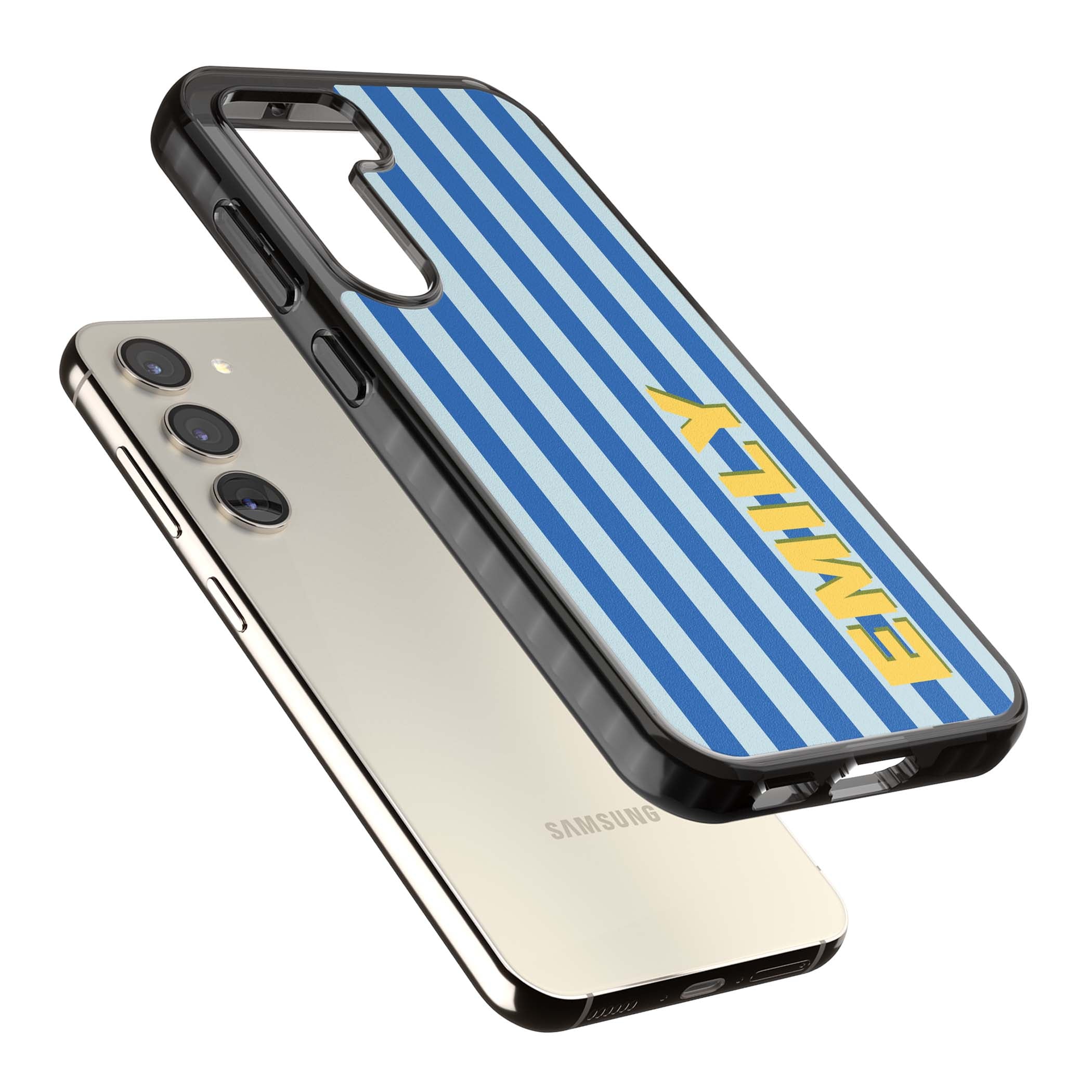 Athenian Stripe personalised preppy iPhone case featuring blue vertical stripes and a custom yellow name | Black Impact case for Samsung Galaxy S24, Samsung Galaxy S23, Samsung Galaxy S22
