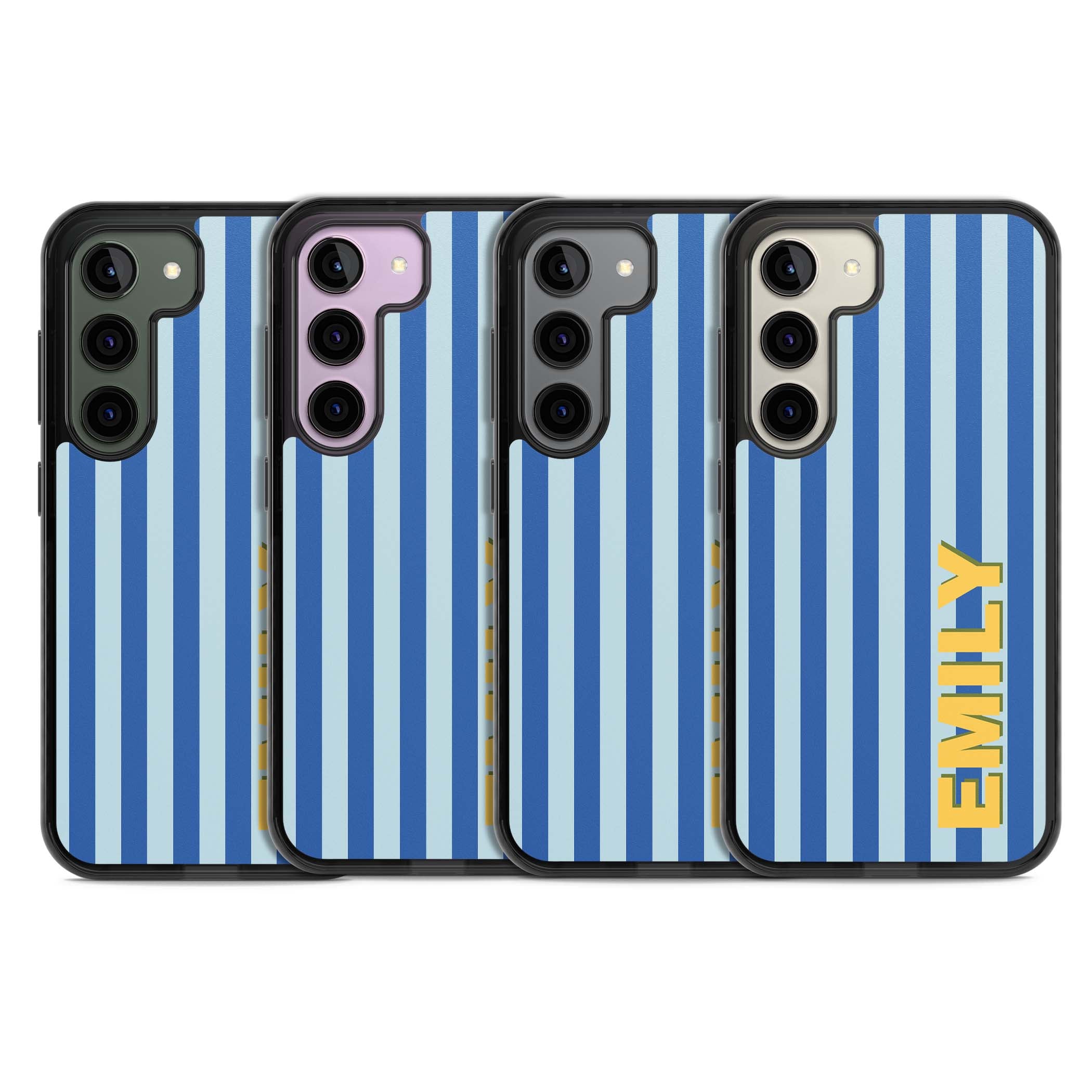Athenian Stripe personalised preppy iPhone case featuring blue vertical stripes and a custom yellow name | Black Impact case for Samsung Galaxy S24, Samsung Galaxy S23, Samsung Galaxy S22