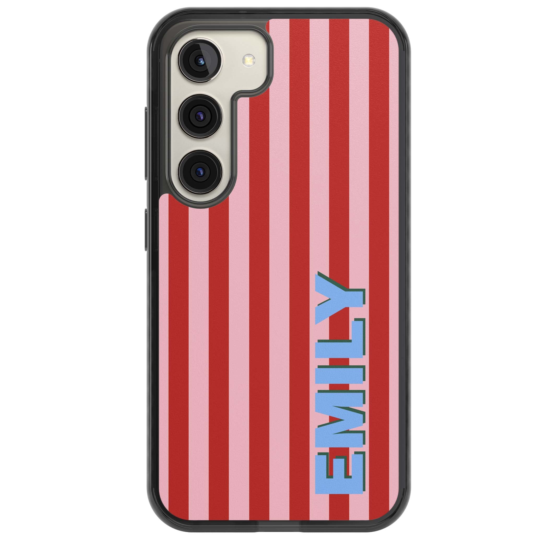 Market Stripe personalised iPhone case with red and pink vertical stripes and custom blue name | Black Impact case for Samsung Galaxy S24, Samsung Galaxy S23, Samsung Galaxy S22
