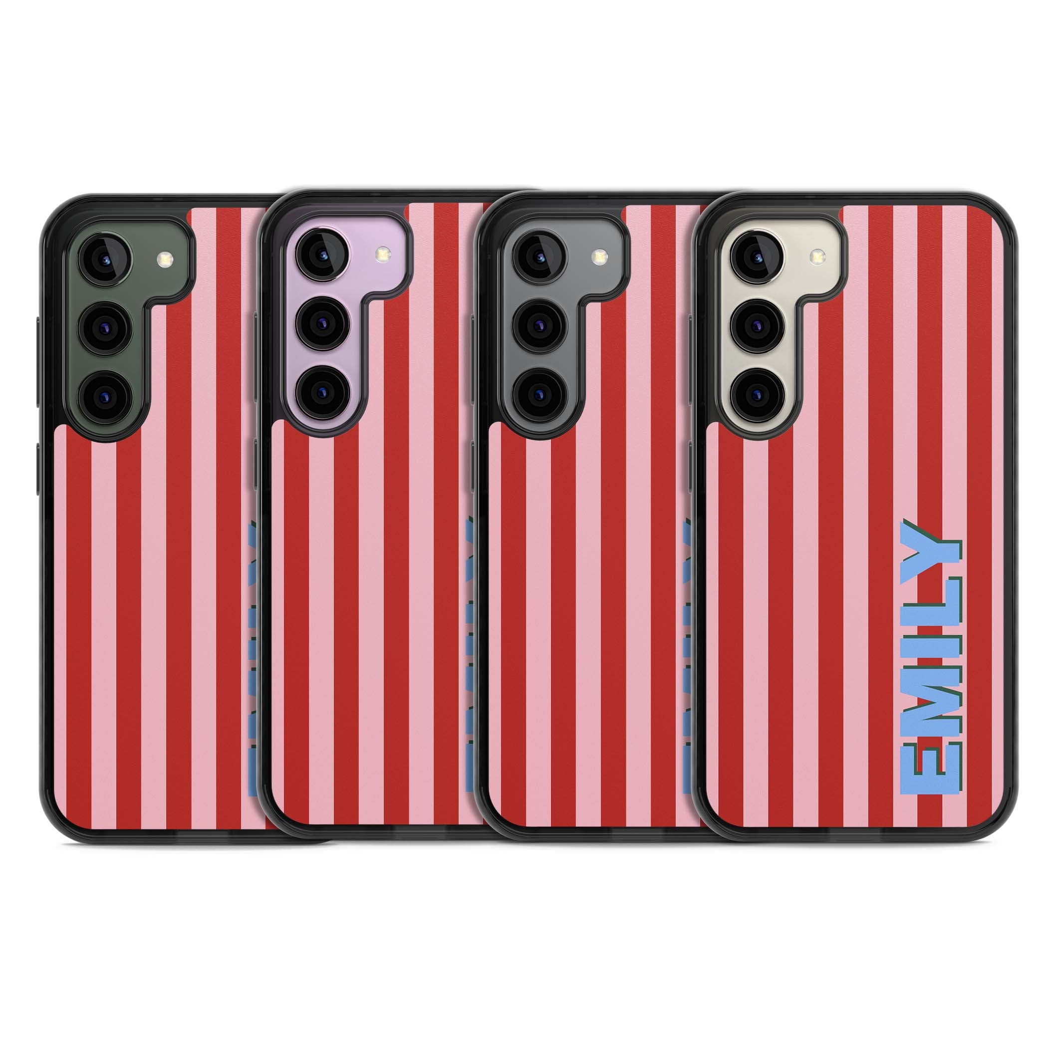 Market Stripe personalised iPhone case with red and pink vertical stripes and custom blue name | Black Impact case for Samsung Galaxy S24, Samsung Galaxy S23, Samsung Galaxy S22