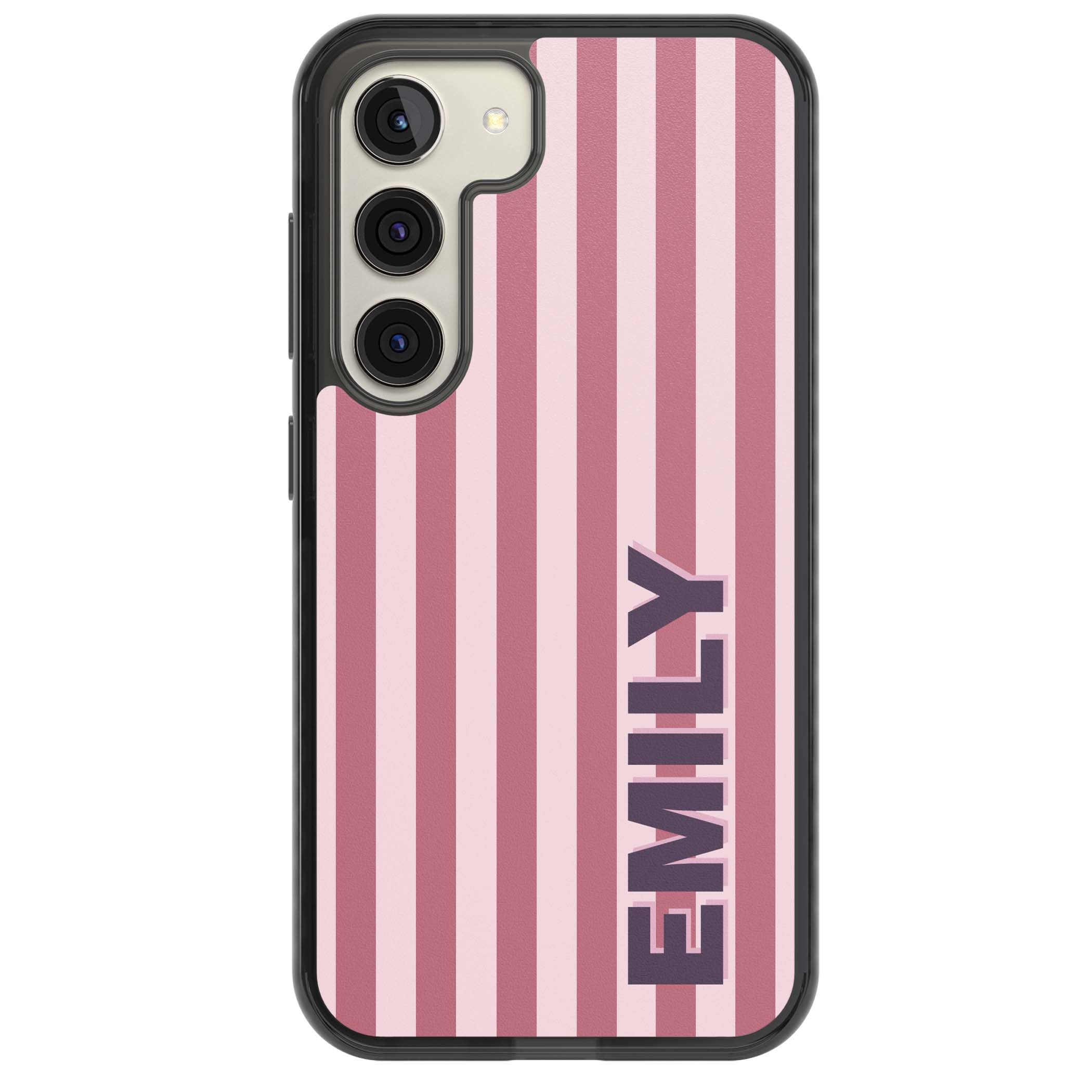 Victoria Stripe personalised iPhone case featuring pink vertical stripes and custom name in bold plum lettering | Black Impact case for Samsung Galaxy S24, Samsung Galaxy S23, Samsung Galaxy S22