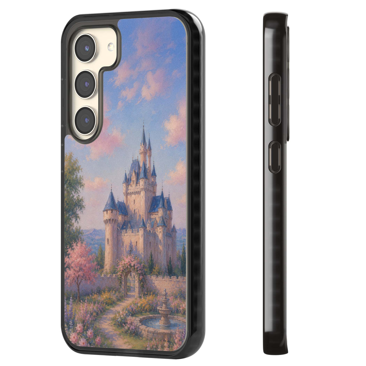 Enchanted Kingdom fairytale iPhone case featuring a romantic castle painting with cherry blossoms and pastel pink sky | Black Impact case for Samsung Galaxy S24, Samsung Galaxy S23, Samsung Galaxy S22