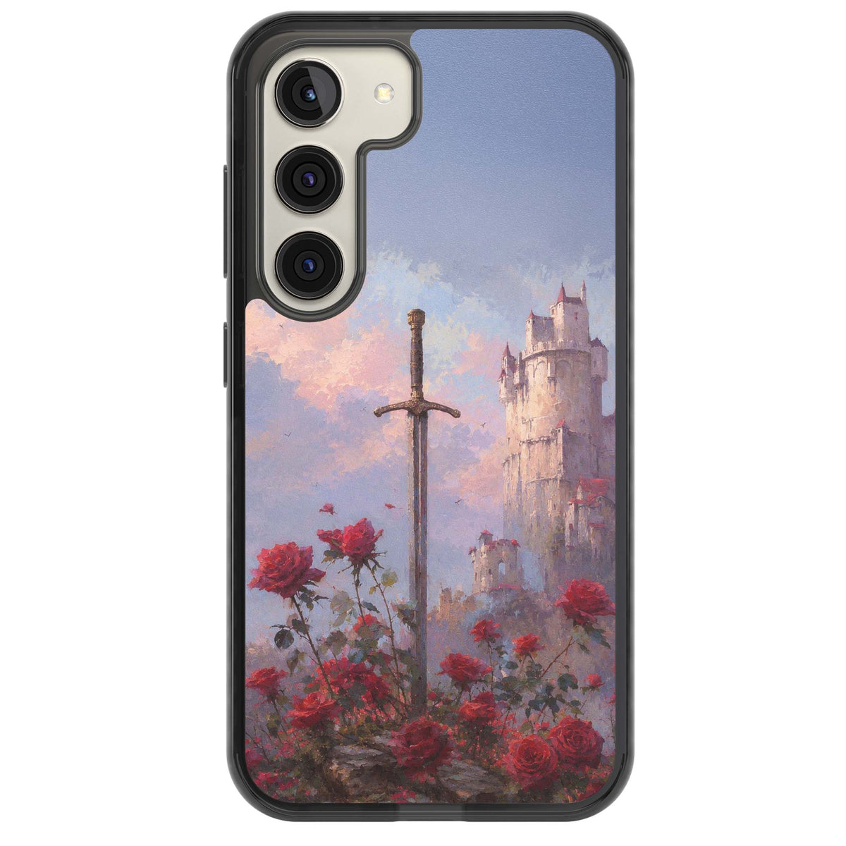 Sword in Roses medieval art iPhone case featuring a sword, red roses, and a misty fairytale castle at sunset | Black Impact case for Samsung Galaxy S24, Samsung Galaxy S23, Samsung Galaxy S22