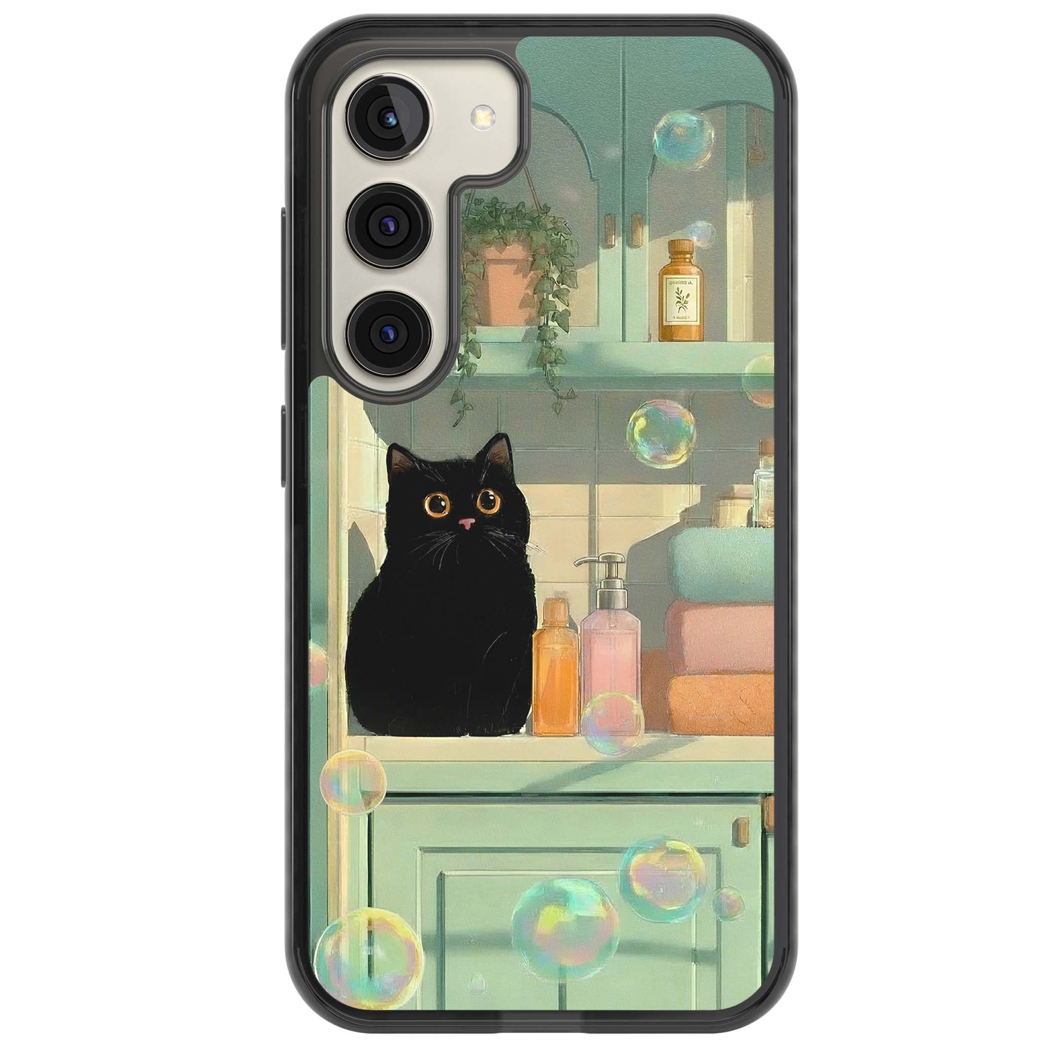 Bathroom Bubble Kitty cottagecore iPhone case featuring a black cat, mint bathroom scene and floating soap bubbles | Black Impact case for Samsung Galaxy S24, Samsung Galaxy S23, Samsung Galaxy S22