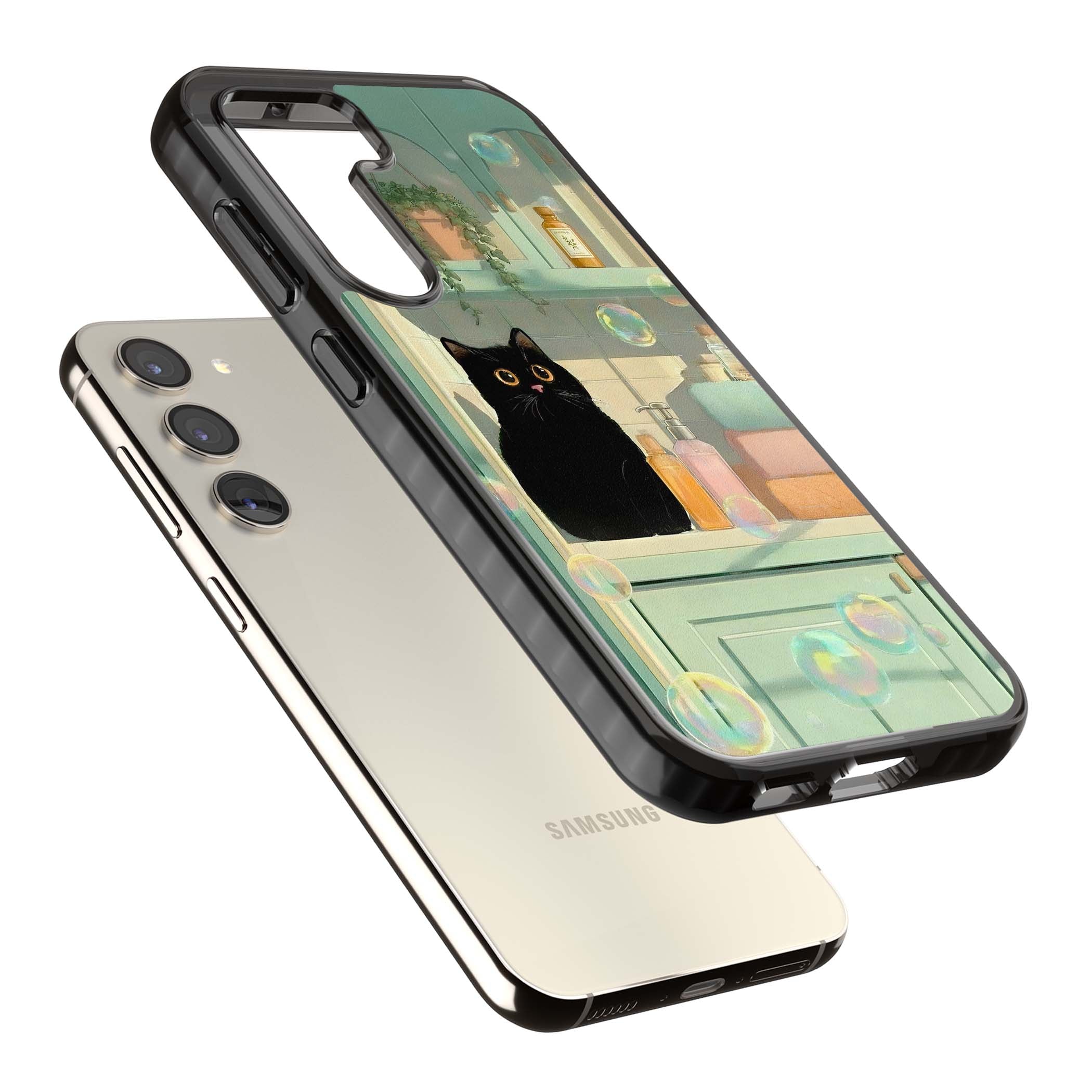 Bathroom Bubble Kitty cottagecore iPhone case featuring a black cat, mint bathroom scene and floating soap bubbles | Black Impact case for Samsung Galaxy S24, Samsung Galaxy S23, Samsung Galaxy S22