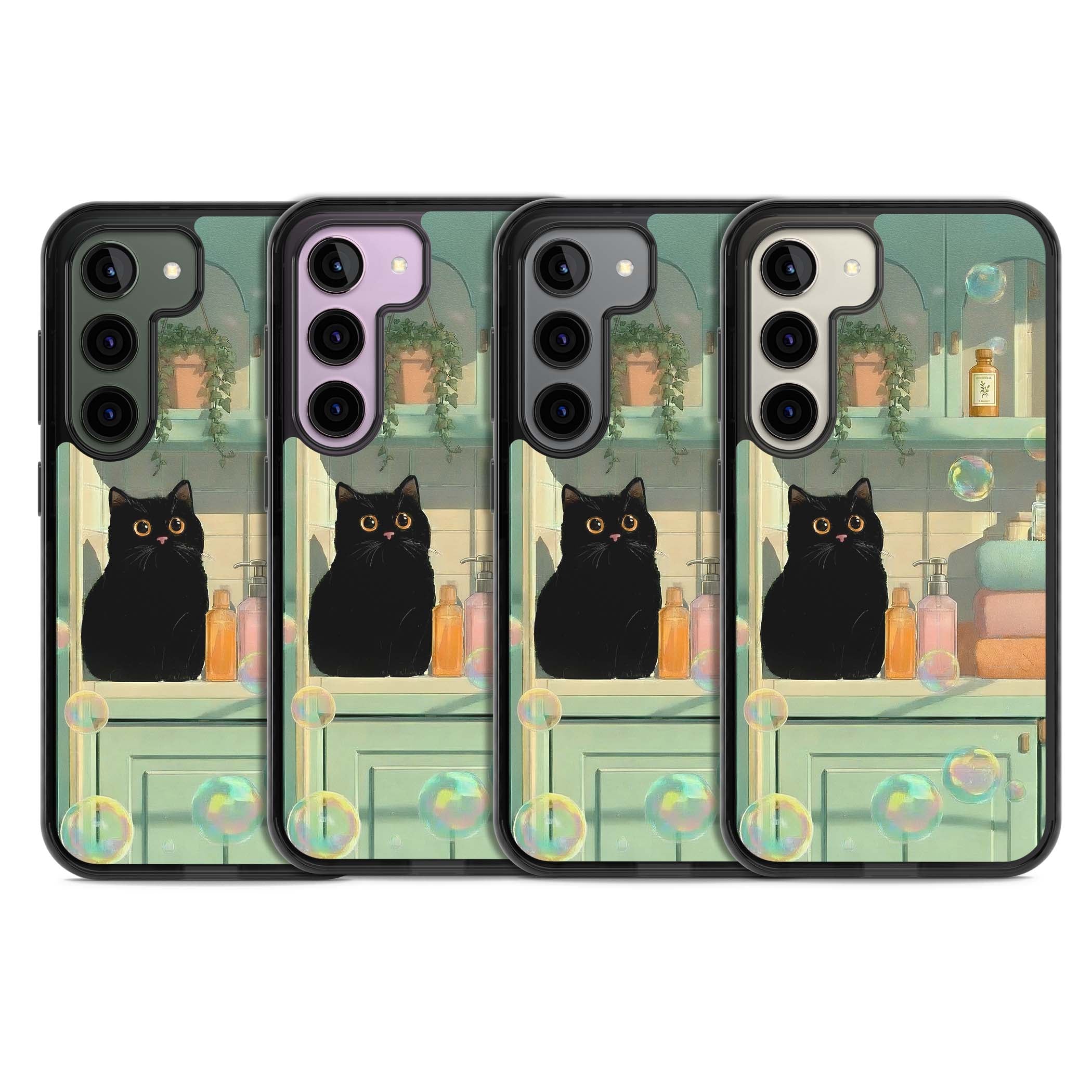 Bathroom Bubble Kitty cottagecore iPhone case featuring a black cat, mint bathroom scene and floating soap bubbles | Black Impact case for Samsung Galaxy S24, Samsung Galaxy S23, Samsung Galaxy S22