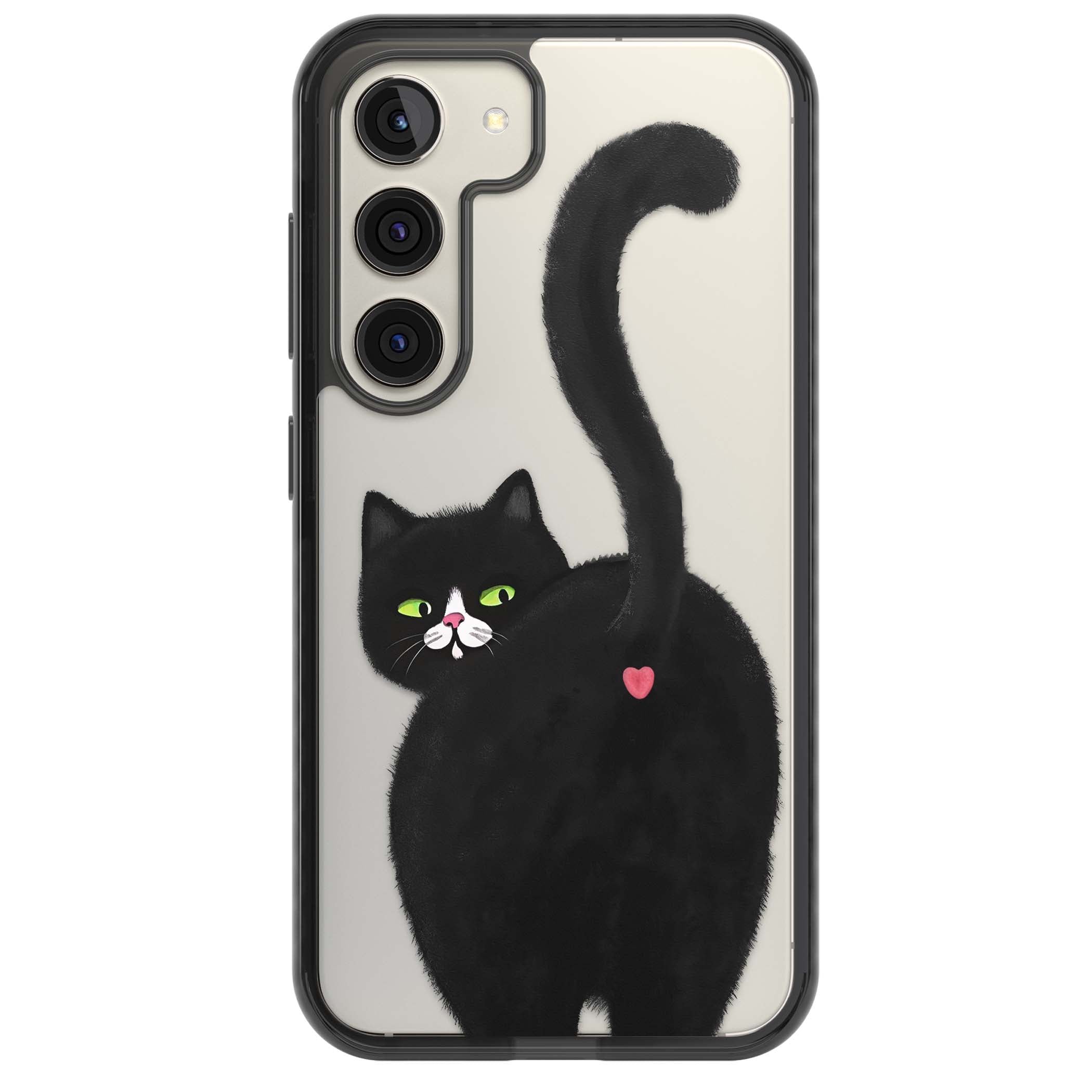 The Cat's Kiss cute cat iPhone case featuring a hand-painted tuxedo kitty with green eyes and a pink heart on a clear | Black Impact case for Samsung Galaxy S24, Samsung Galaxy S23, Samsung Galaxy S22