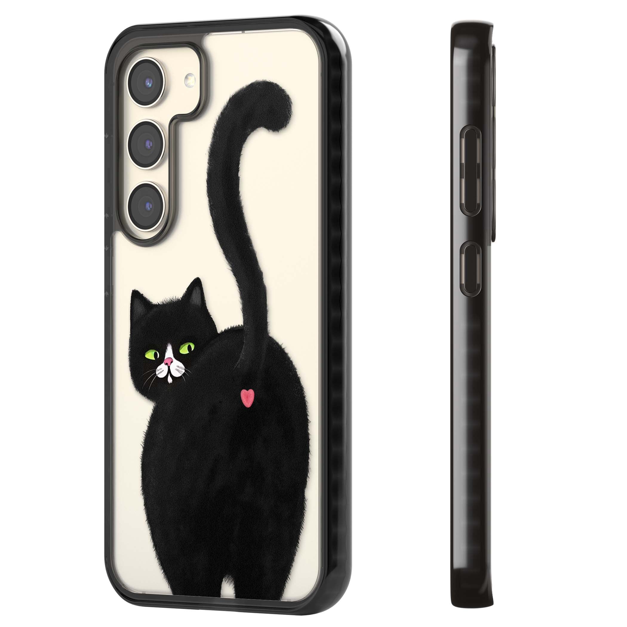 The Cat's Kiss cute cat iPhone case featuring a hand-painted tuxedo kitty with green eyes and a pink heart on a clear | Black Impact case for Samsung Galaxy S24, Samsung Galaxy S23, Samsung Galaxy S22