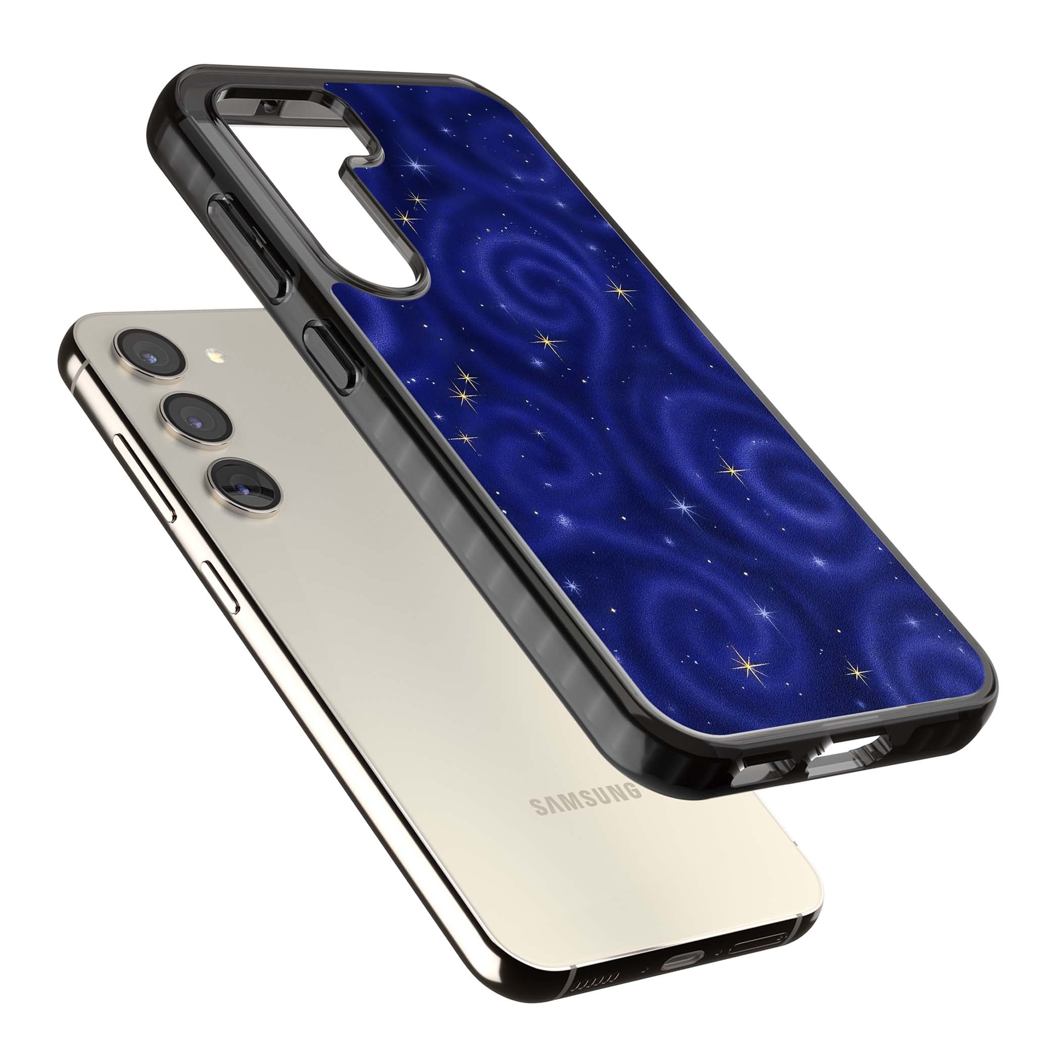 Indigo Cosmos celestial iPhone case featuring swirling navy night sky and sparkling golden stars | Black Impact case for Samsung Galaxy S24, Samsung Galaxy S23, Samsung Galaxy S22