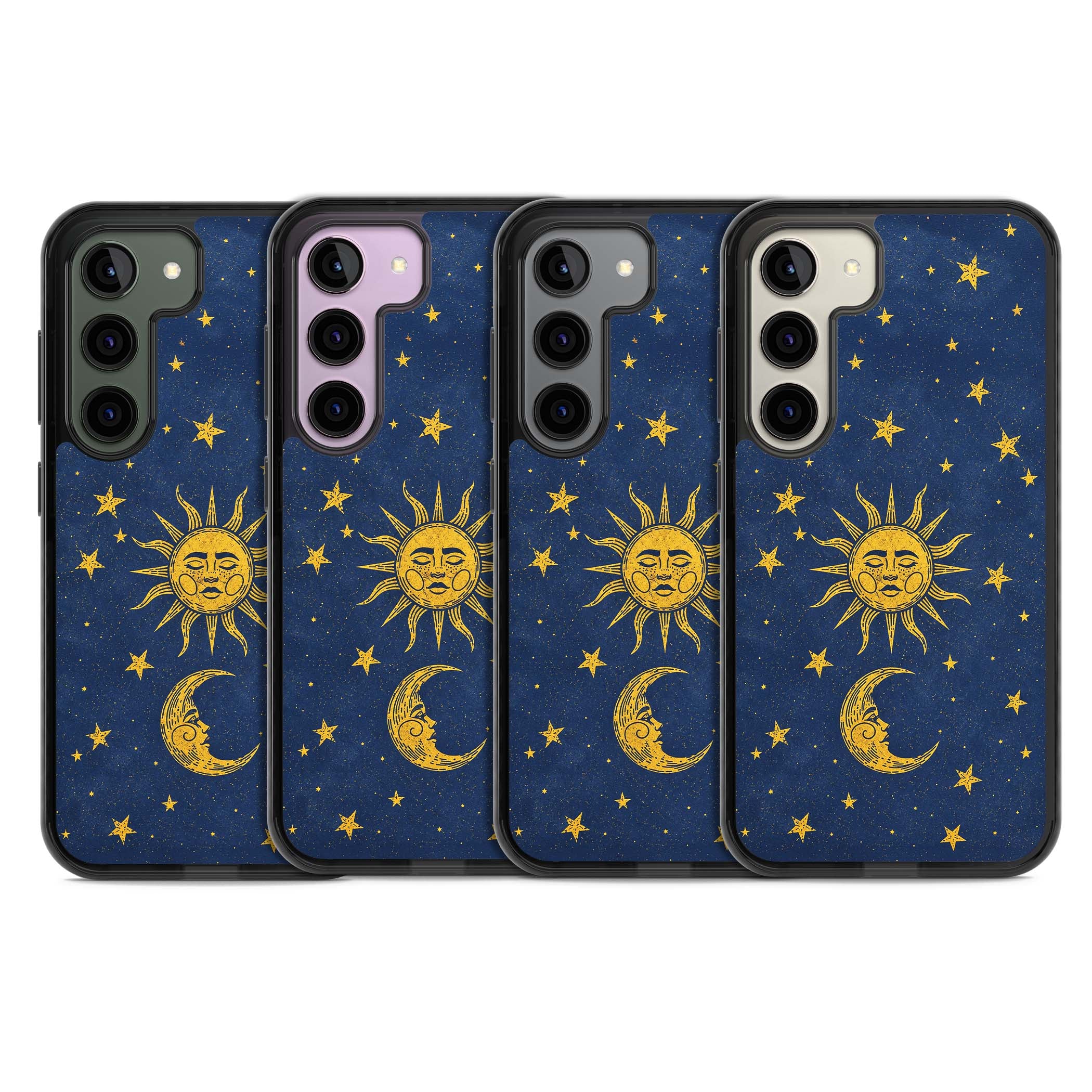 Sun & Moon Reverie celestial iPhone case featuring a vintage golden sun, crescent moon and scattered stars on midnight blue | Black Impact case for Samsung Galaxy S24, Samsung Galaxy S23, Samsung Galaxy S22