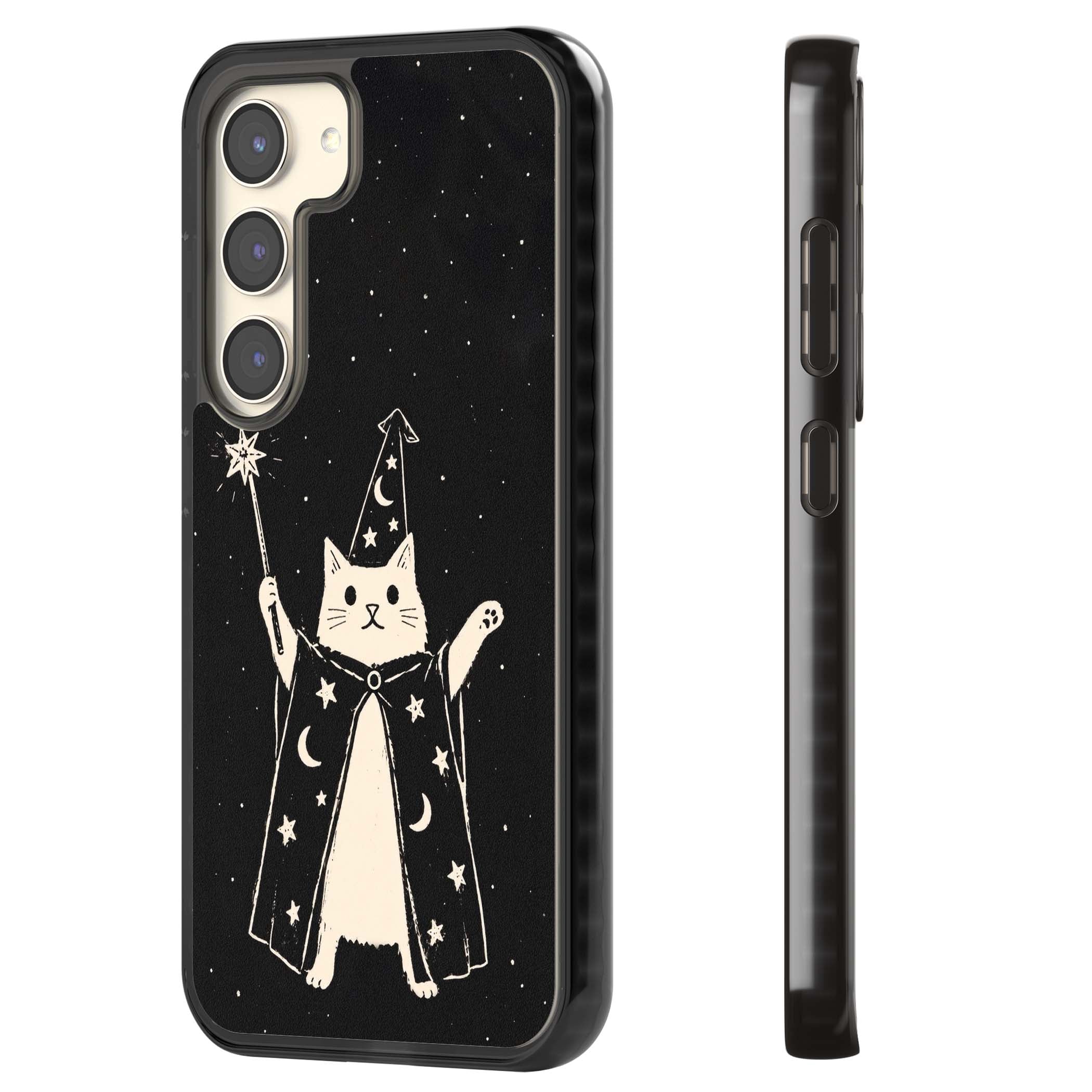 Whisker Wizard celestial cat iPhone case featuring a wizard cat with magic wand, starry night sky and crescent moons | Black Impact case for Samsung Galaxy S24, Samsung Galaxy S23, Samsung Galaxy S22