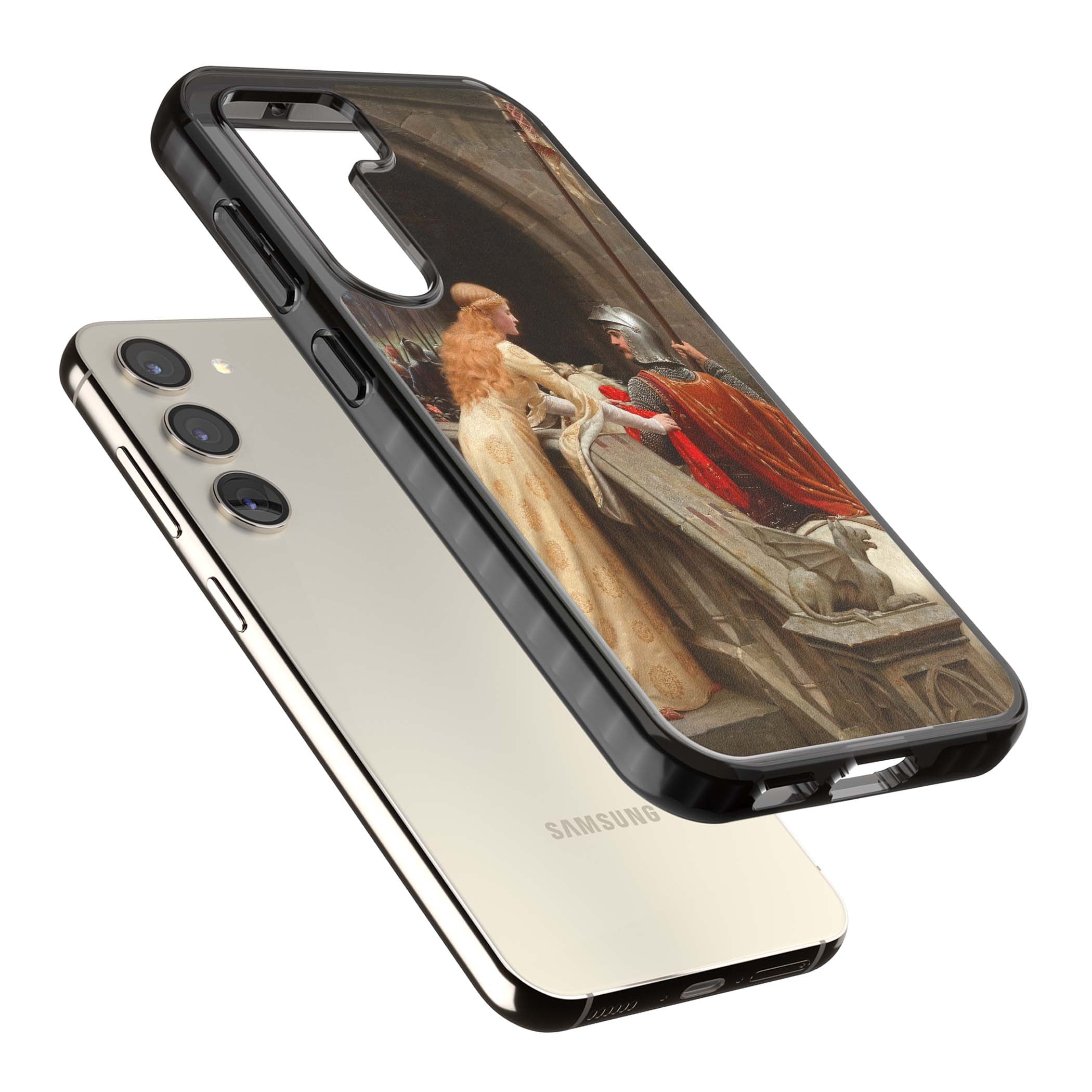 God Speed fine art iPhone case featuring Edmund Blair Leighton's medieval knight and lady beneath a stone archway | Black Impact case for Samsung Galaxy S24, Samsung Galaxy S23, Samsung Galaxy S22