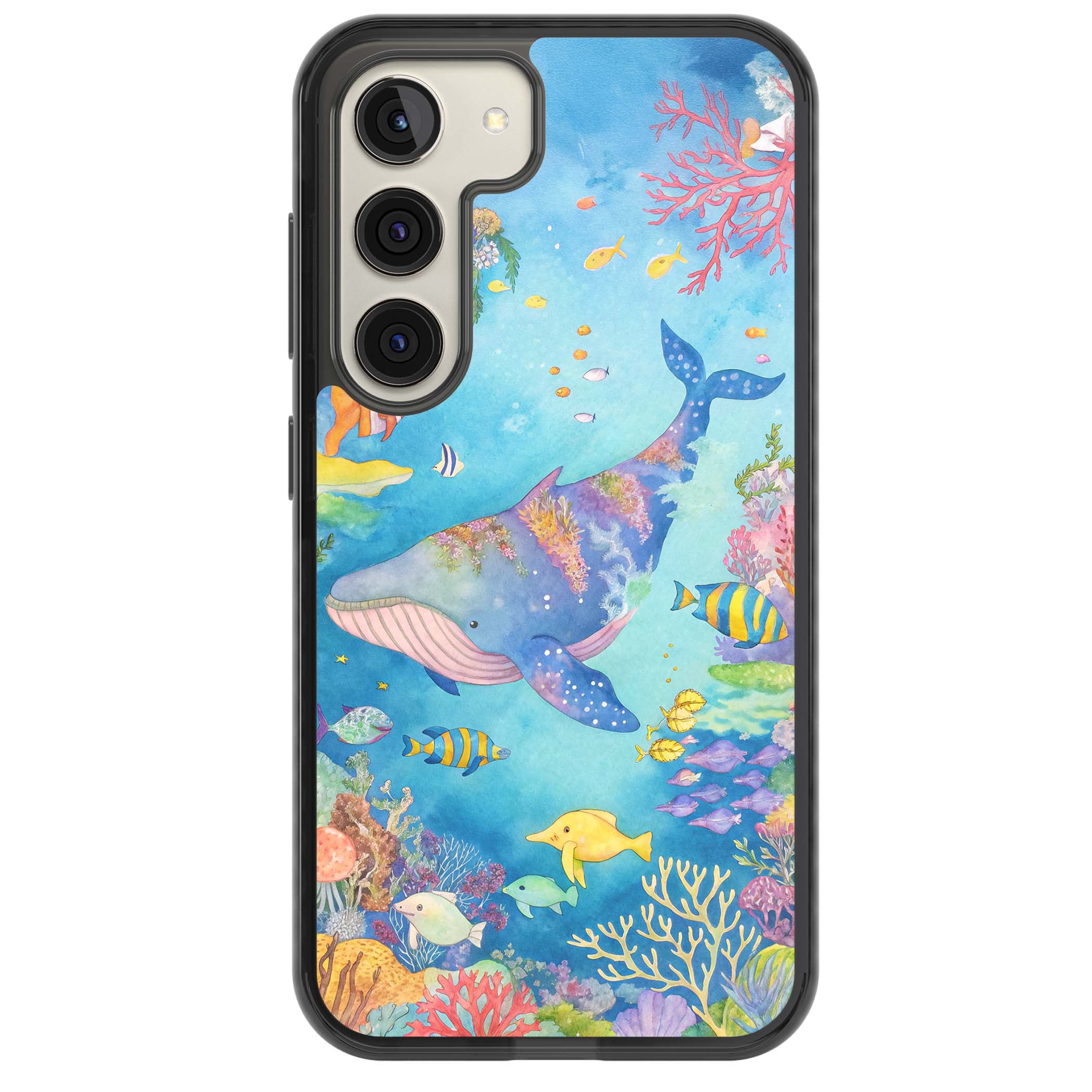 Coral Lagoon ocean iPhone case featuring a watercolour whale, coral reef and tropical fish | Black Impact case for Samsung Galaxy S24, Samsung Galaxy S23, Samsung Galaxy S22