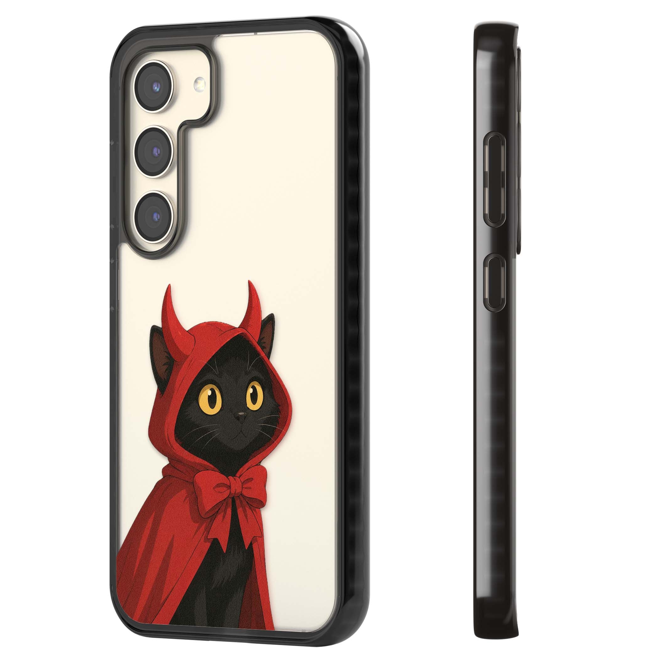 Little Devil halloween iPhone case featuring a black cat in a red hooded devil cloak with horns and golden eyes | Black Impact case for Samsung Galaxy S24, Samsung Galaxy S23, Samsung Galaxy S22