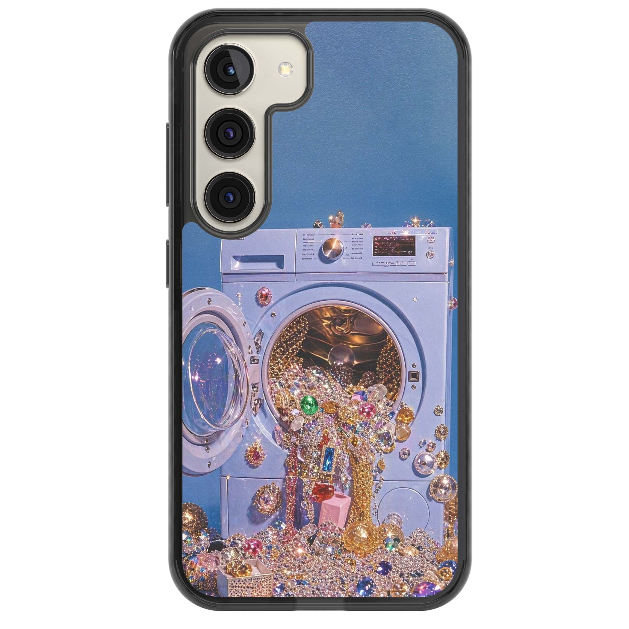 Gem Laundry baddie iPhone case featuring a surreal washing machine overflowing with colourful gemstones and crystals | Black Impact case for Samsung Galaxy S24, Samsung Galaxy S23, Samsung Galaxy S22