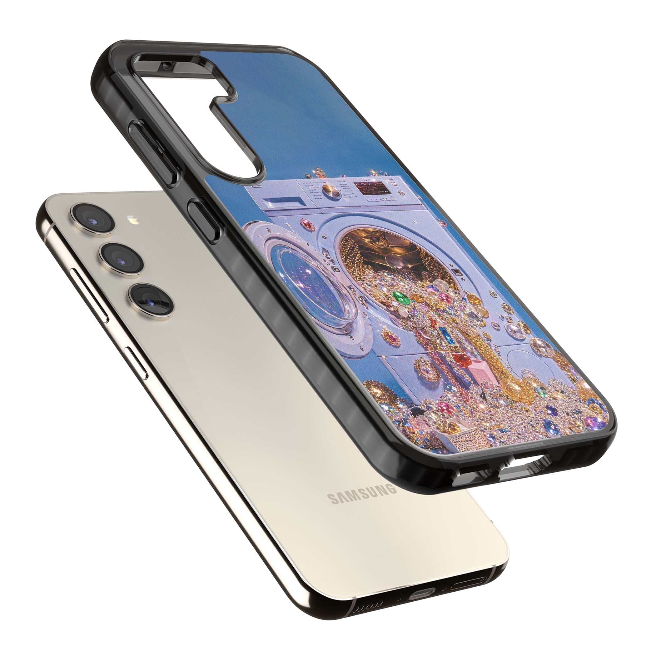 Gem Laundry baddie iPhone case featuring a surreal washing machine overflowing with colourful gemstones and crystals | Black Impact case for Samsung Galaxy S24, Samsung Galaxy S23, Samsung Galaxy S22