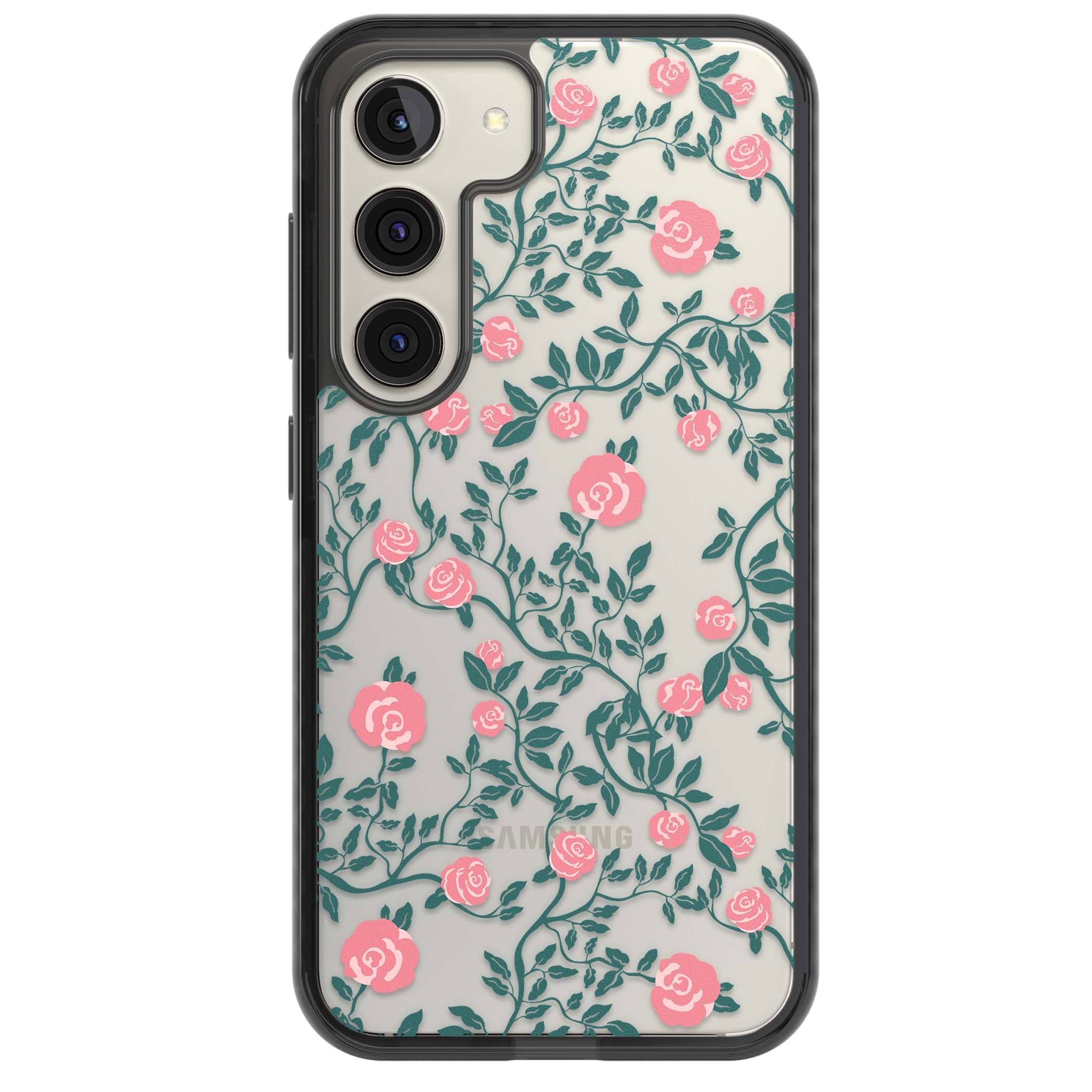 Rose Trellis (Clear) cottagecore iPhone case featuring pink climbing roses and green leaves on clear background | Black Impact case for Samsung Galaxy S24, Samsung Galaxy S23, Samsung Galaxy S22