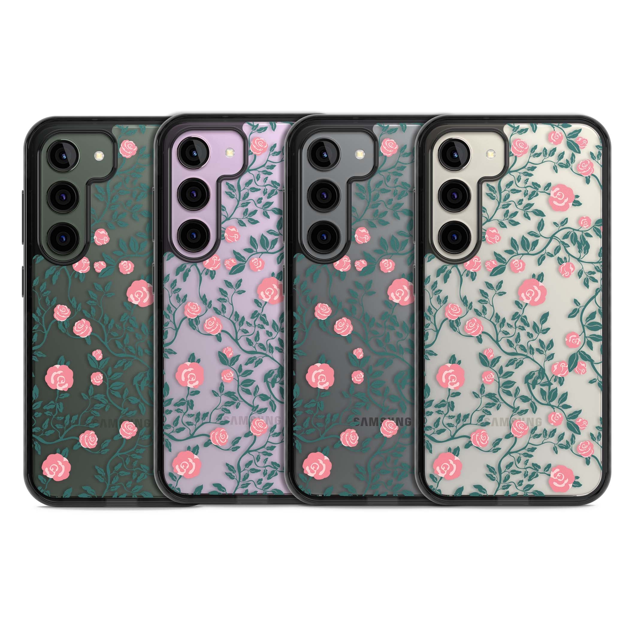 Rose Trellis (Clear) cottagecore iPhone case featuring pink climbing roses and green leaves on clear background | Black Impact case for Samsung Galaxy S24, Samsung Galaxy S23, Samsung Galaxy S22