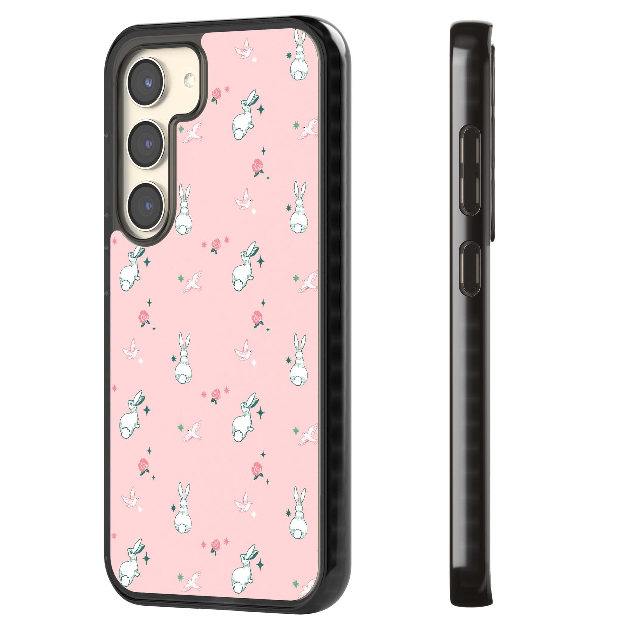 Bunny Garden kawaii iPhone case featuring white rabbits, pink roses, doves and stars on pink background | Black Impact case for Samsung Galaxy S24, Samsung Galaxy S23, Samsung Galaxy S22
