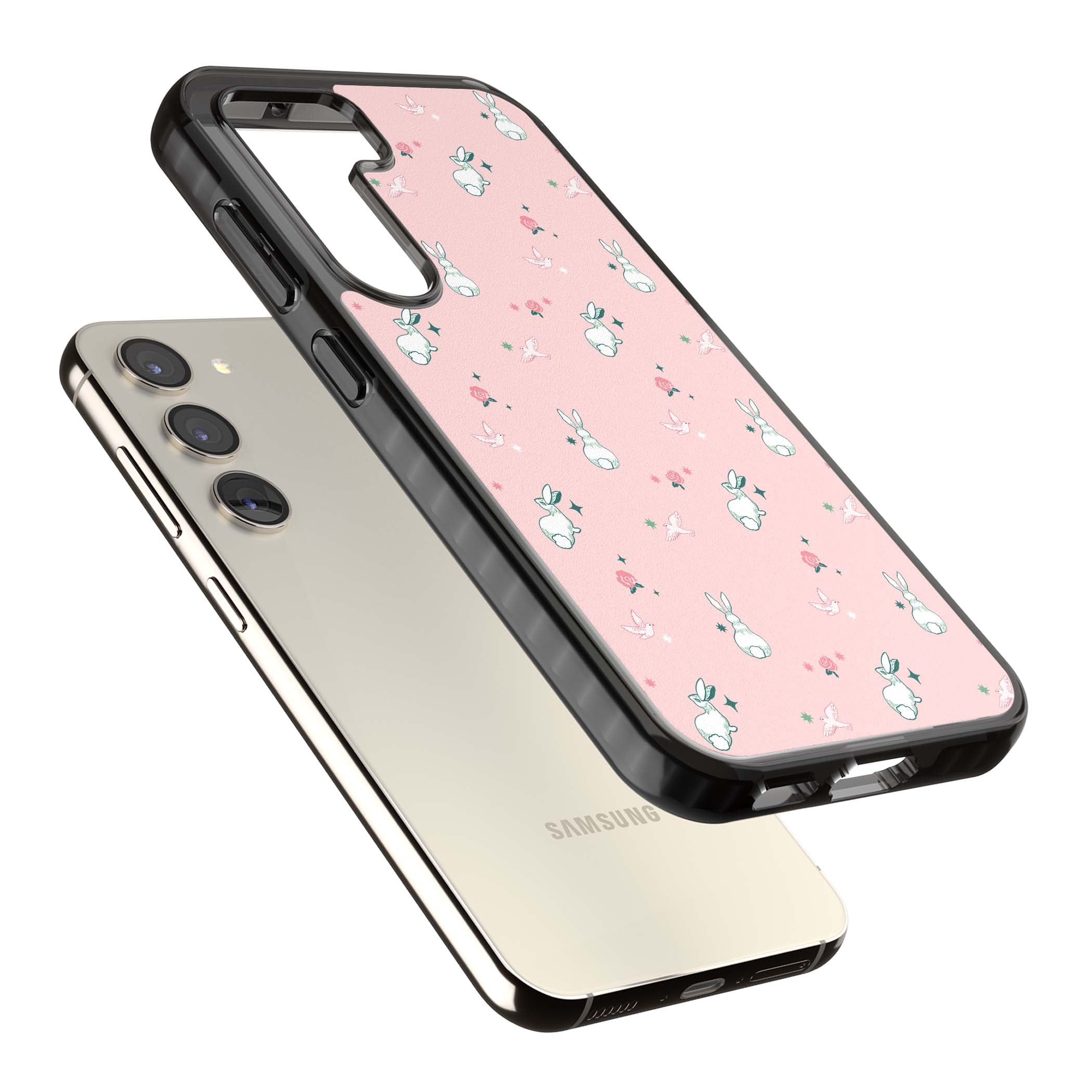 Bunny Garden kawaii iPhone case featuring white rabbits, pink roses, doves and stars on pink background | Black Impact case for Samsung Galaxy S24, Samsung Galaxy S23, Samsung Galaxy S22