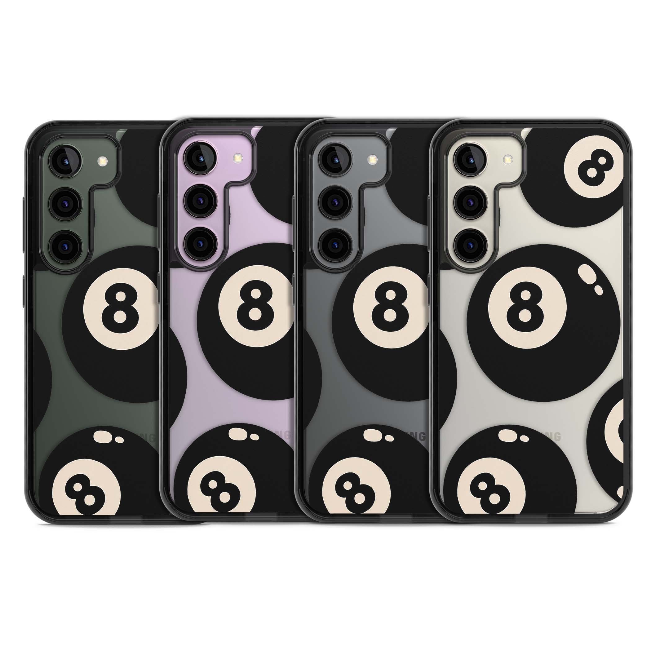 Eights y2k iPhone case featuring scattered black 8 balls with cream highlights on a clear background | Black Impact case for Samsung Galaxy S24, Samsung Galaxy S23, Samsung Galaxy S22