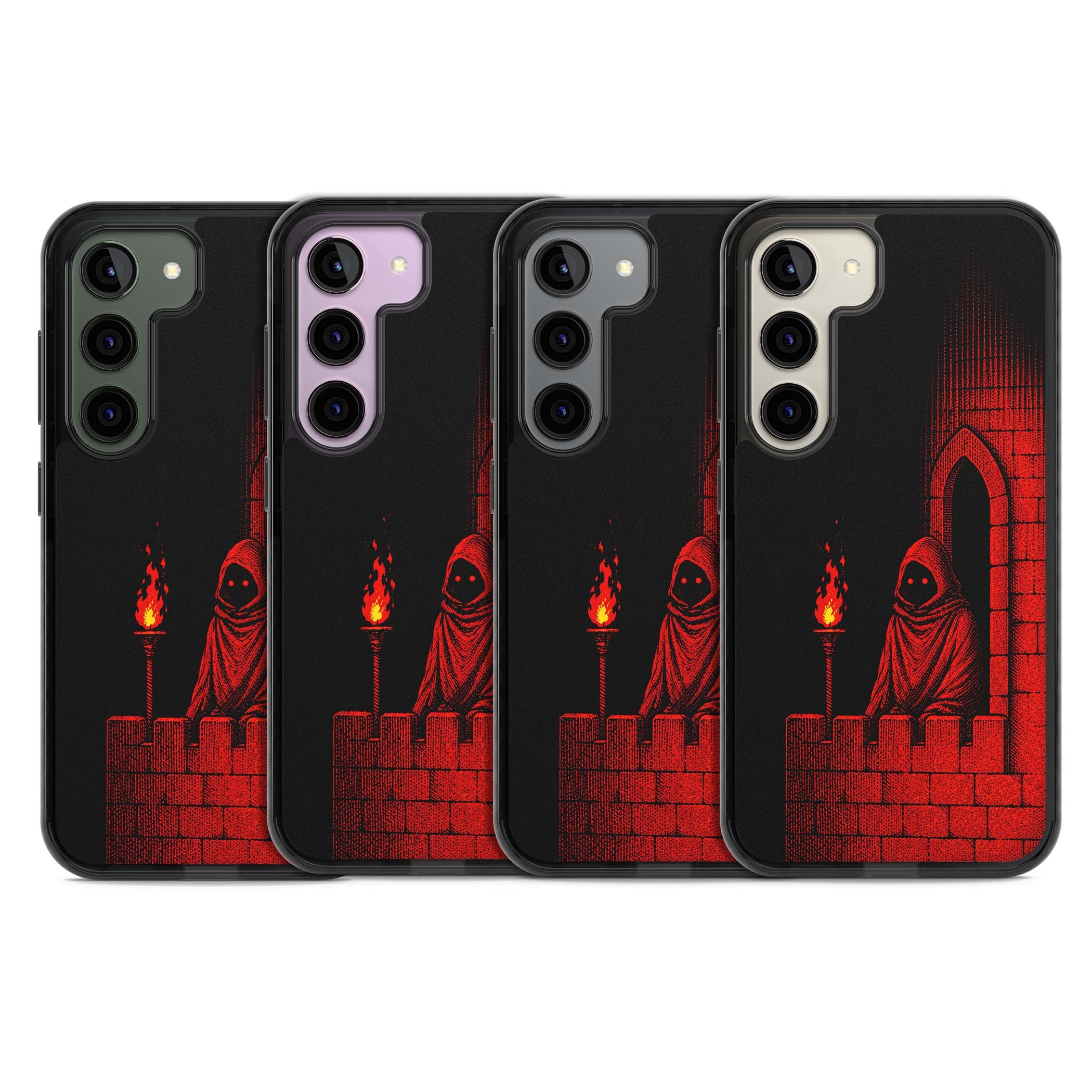 Crimson Crypt gothic iPhone case featuring a hooded reaper, torchlit crypt archway and red halftone horror art | Black Impact case for Samsung Galaxy S24, Samsung Galaxy S23, Samsung Galaxy S22
