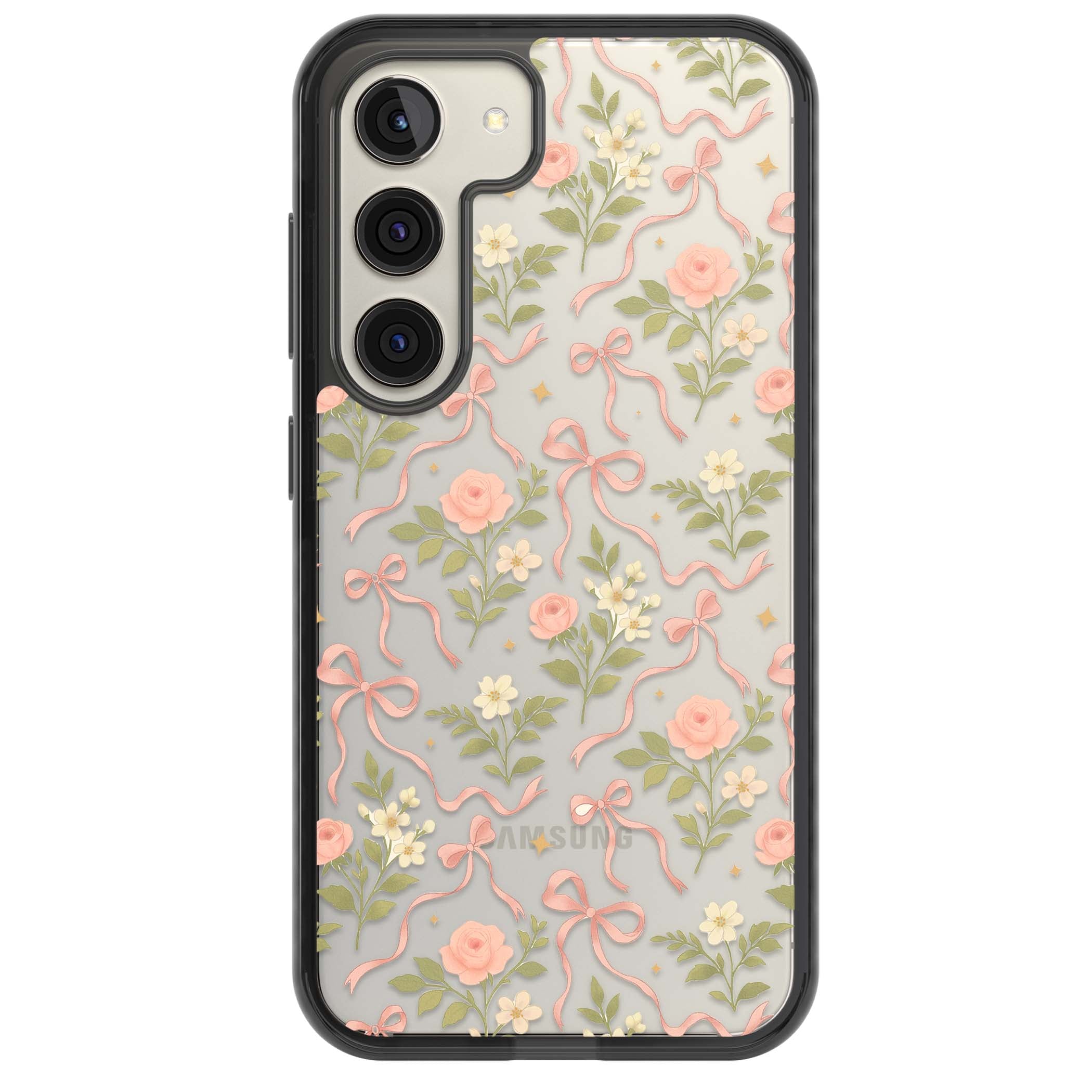 Ribbon Garden coquette iPhone case featuring pink bows, peach roses and wildflowers on white background | Black Impact case for Samsung Galaxy S24, Samsung Galaxy S23, Samsung Galaxy S22
