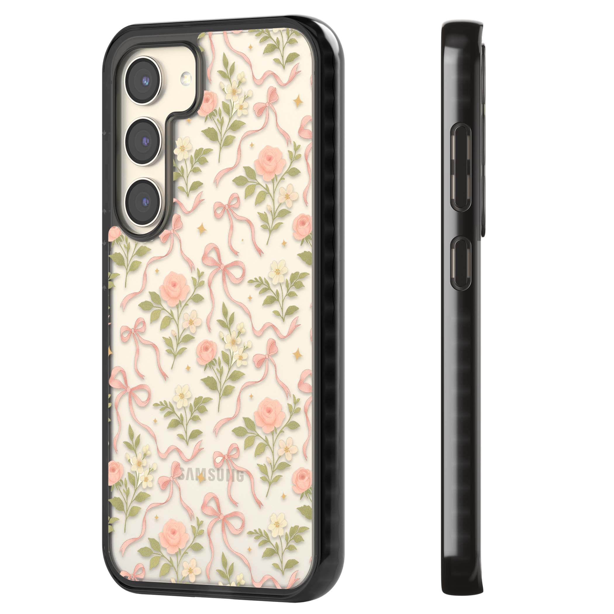 Ribbon Garden coquette iPhone case featuring pink bows, peach roses and wildflowers on white background | Black Impact case for Samsung Galaxy S24, Samsung Galaxy S23, Samsung Galaxy S22