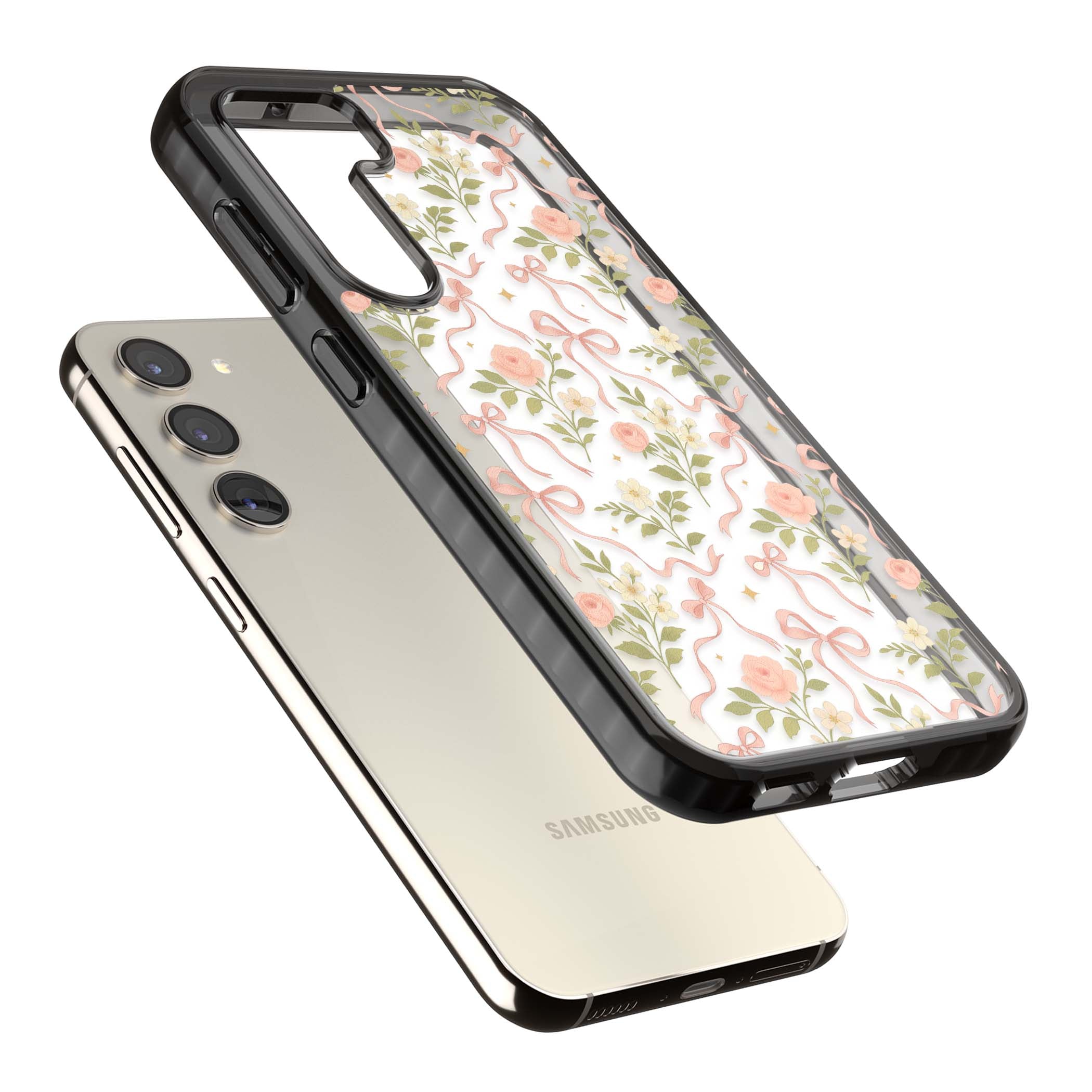 Ribbon Garden coquette iPhone case featuring pink bows, peach roses and wildflowers on white background | Black Impact case for Samsung Galaxy S24, Samsung Galaxy S23, Samsung Galaxy S22