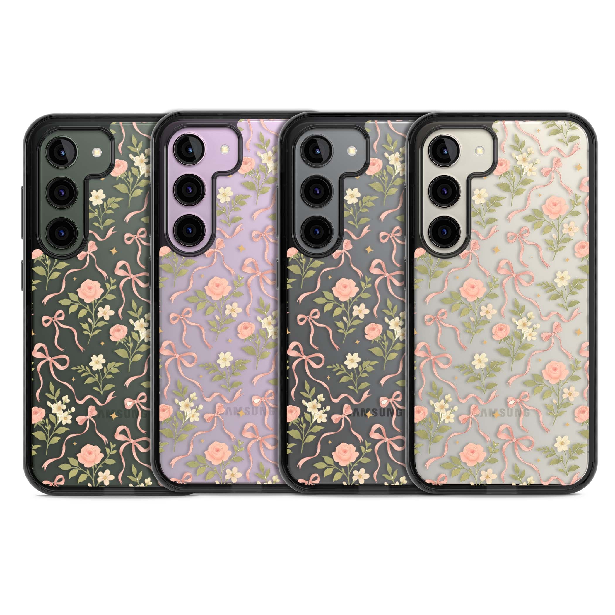 Ribbon Garden coquette iPhone case featuring pink bows, peach roses and wildflowers on white background | Black Impact case for Samsung Galaxy S24, Samsung Galaxy S23, Samsung Galaxy S22