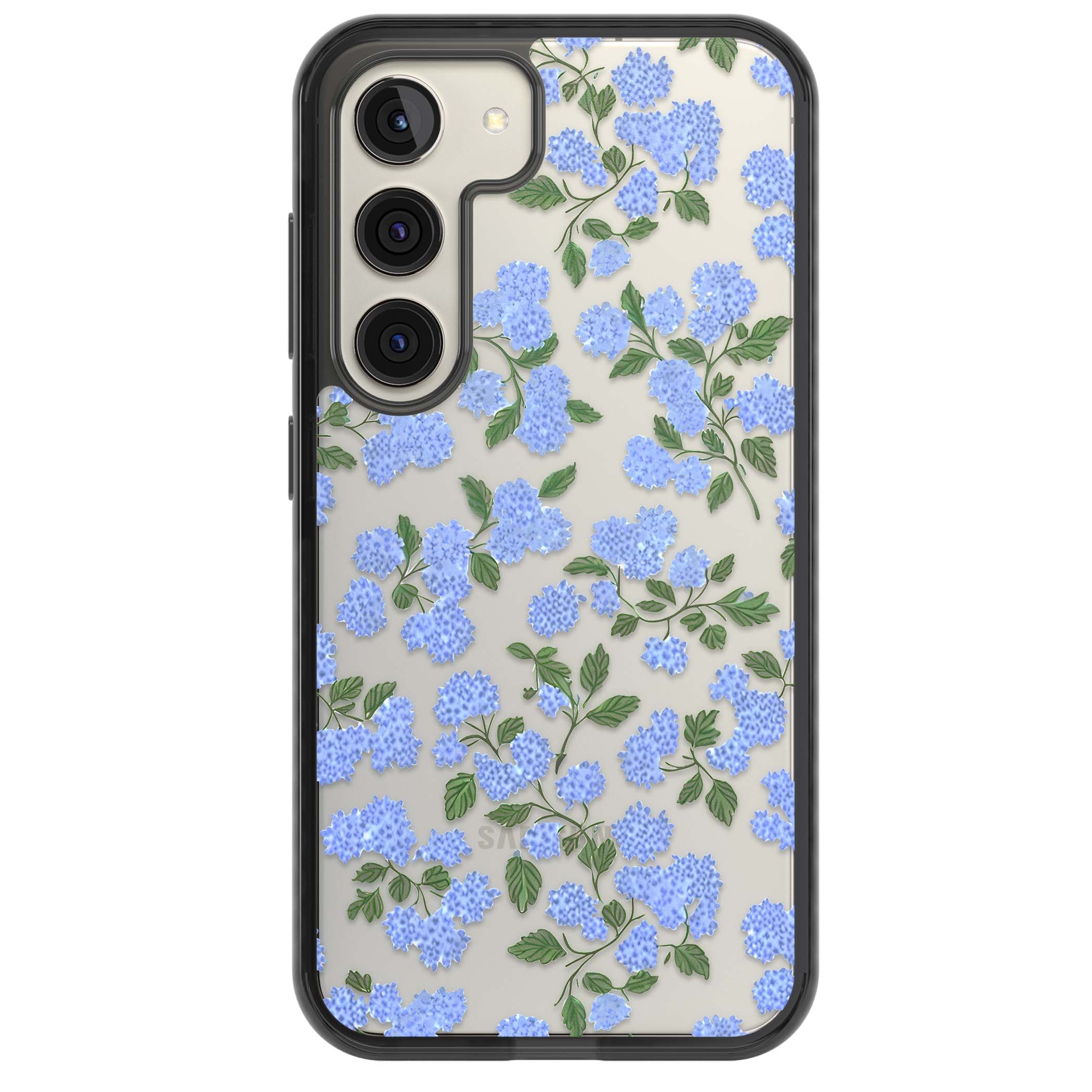 Hydrangea Dreams cottagecore iPhone case featuring soft blue hydrangea flower clusters and green leaves | Black Impact case for Samsung Galaxy S24, Samsung Galaxy S23, Samsung Galaxy S22