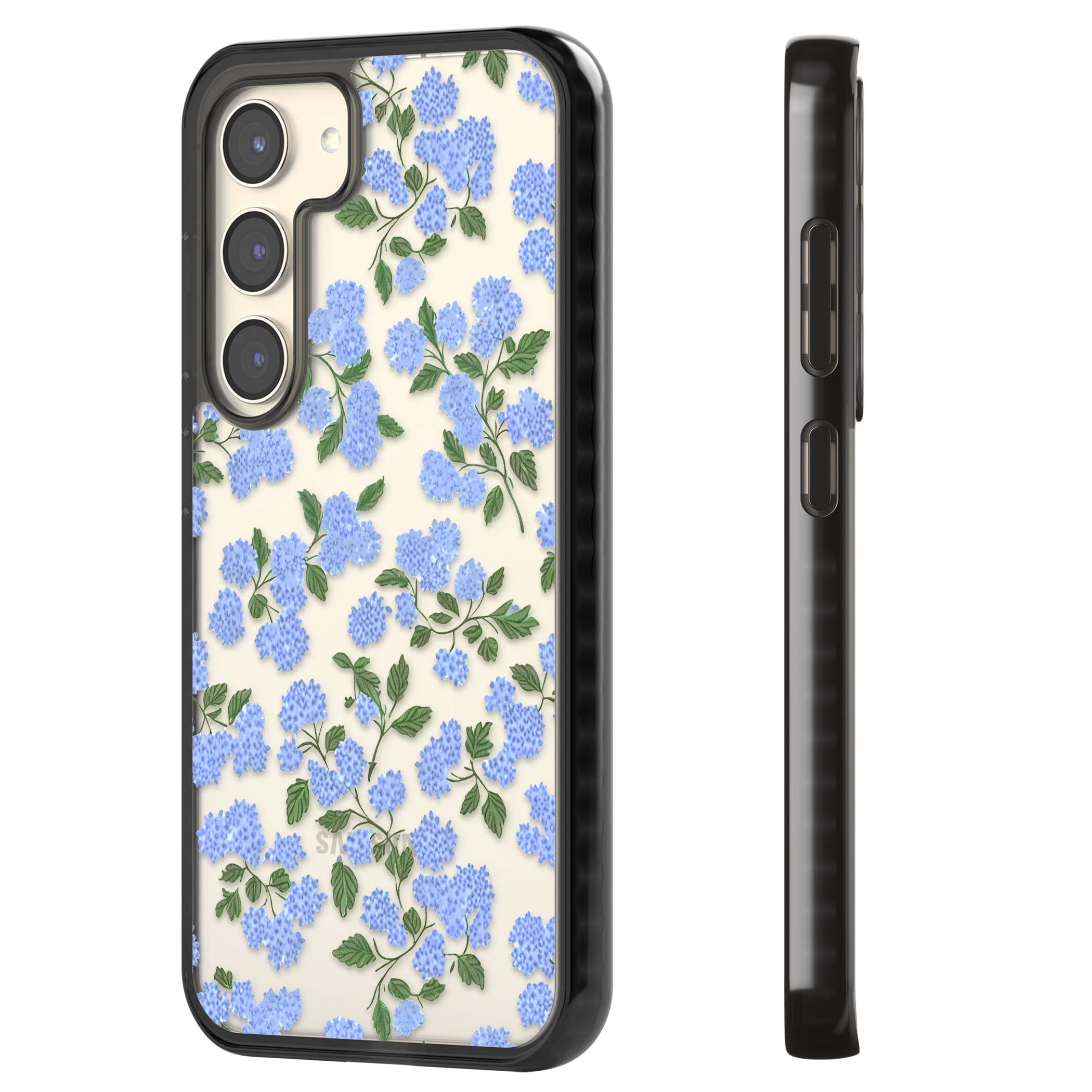 Hydrangea Dreams cottagecore iPhone case featuring soft blue hydrangea flower clusters and green leaves | Black Impact case for Samsung Galaxy S24, Samsung Galaxy S23, Samsung Galaxy S22